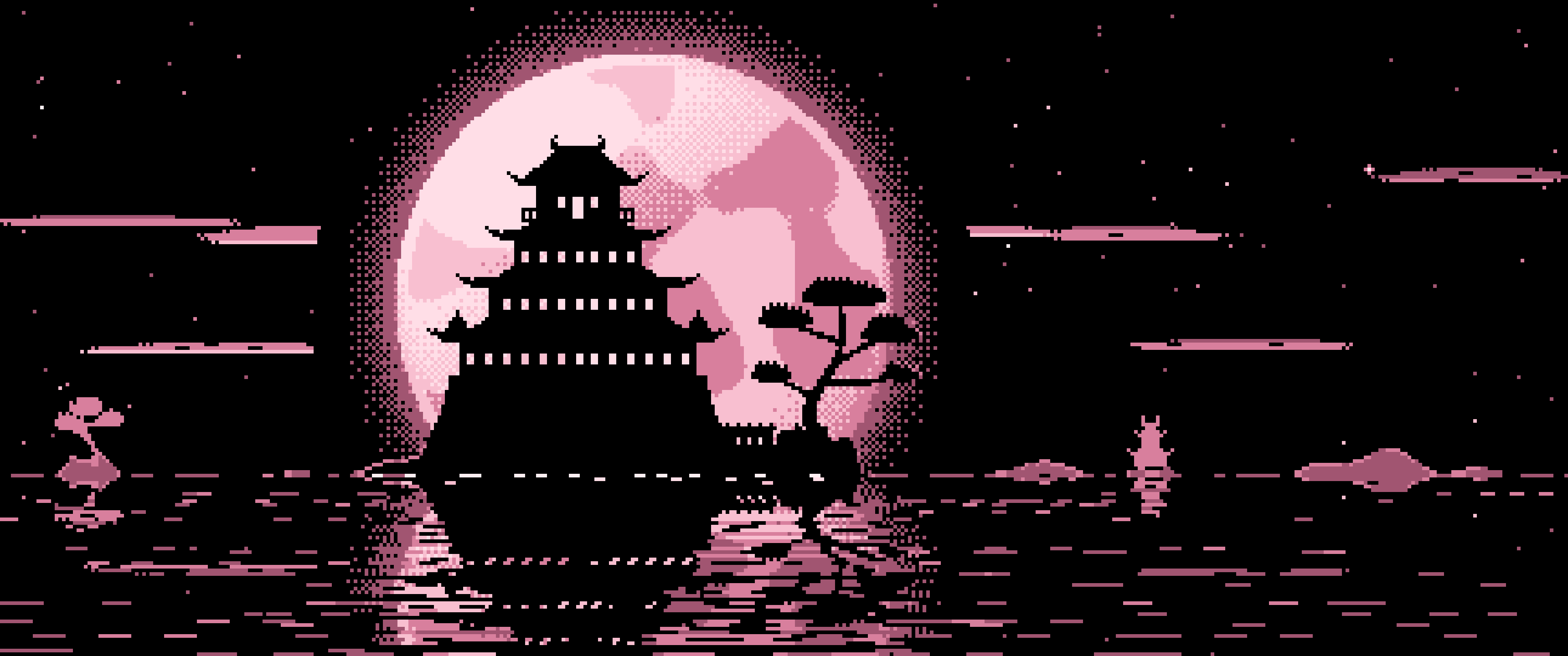 Light Pink Pixel Art Japanese Castle and Full Moon ultrawide wallpaper, 3440 × 1440