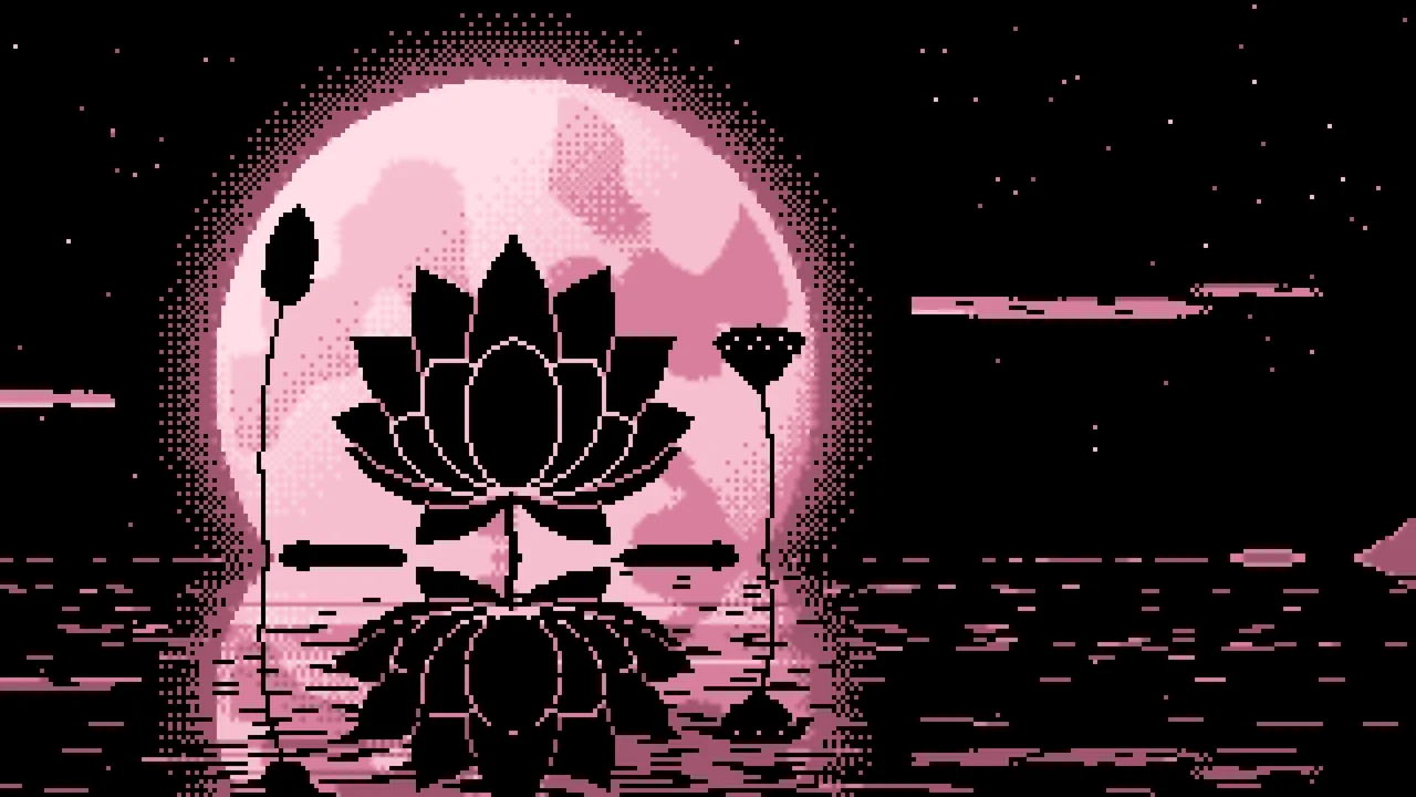 Light Pink Pixel Art Lotus Flower and Full Moon desktop wallpaper in 4K