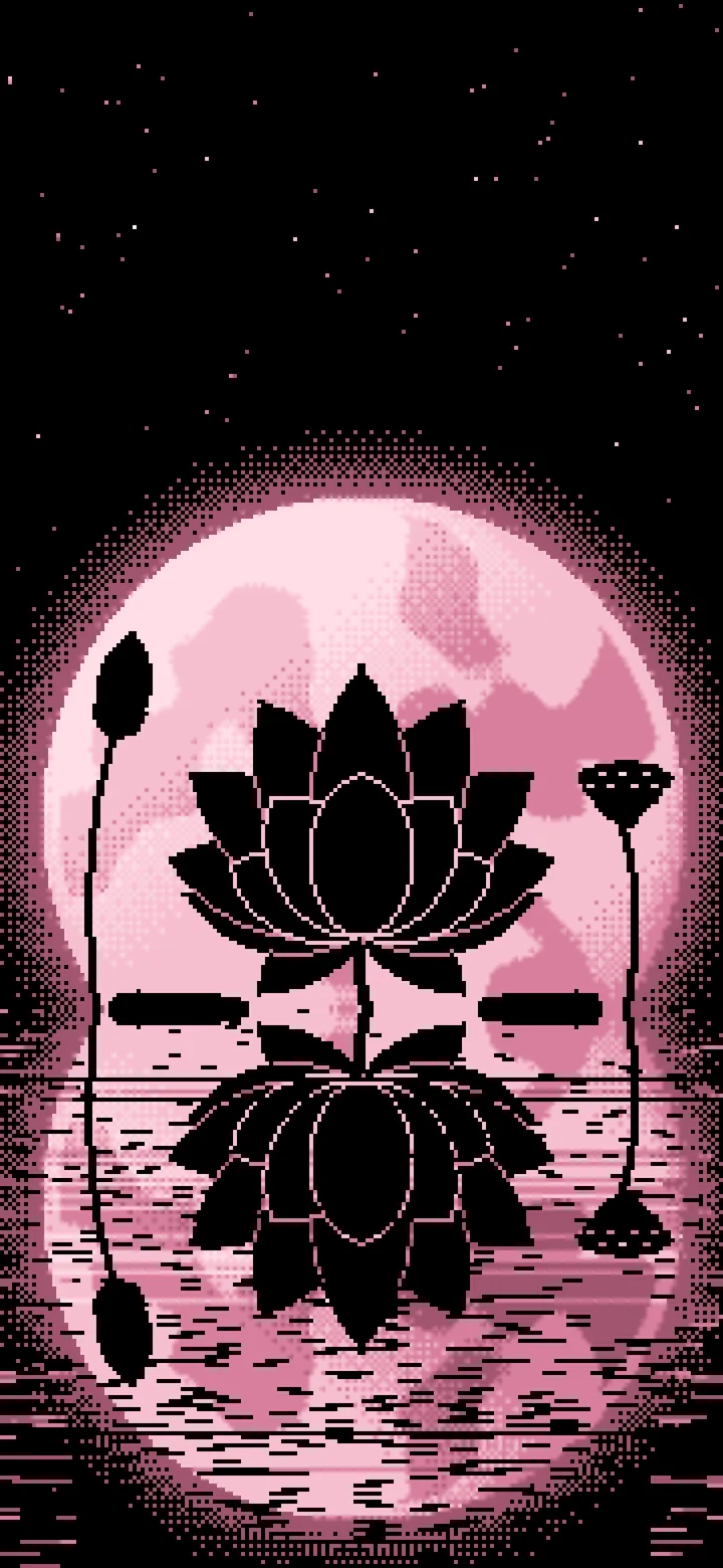 Light Pink Pixel Art Lotus Flower and Full Moon wallpaper for iPhone and Android