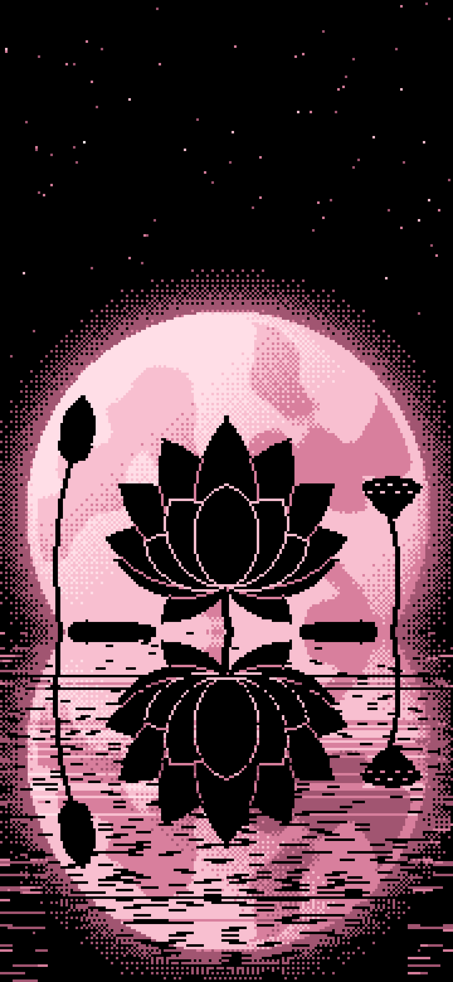 Light Pink Pixel Art Lotus Flower and Full Moon wallpaper for iPhone and Android