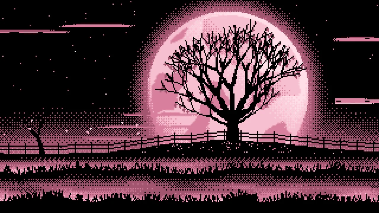 Light Pink Pixel Art Maple Tree and Harvest Moon desktop wallpaper in 4K