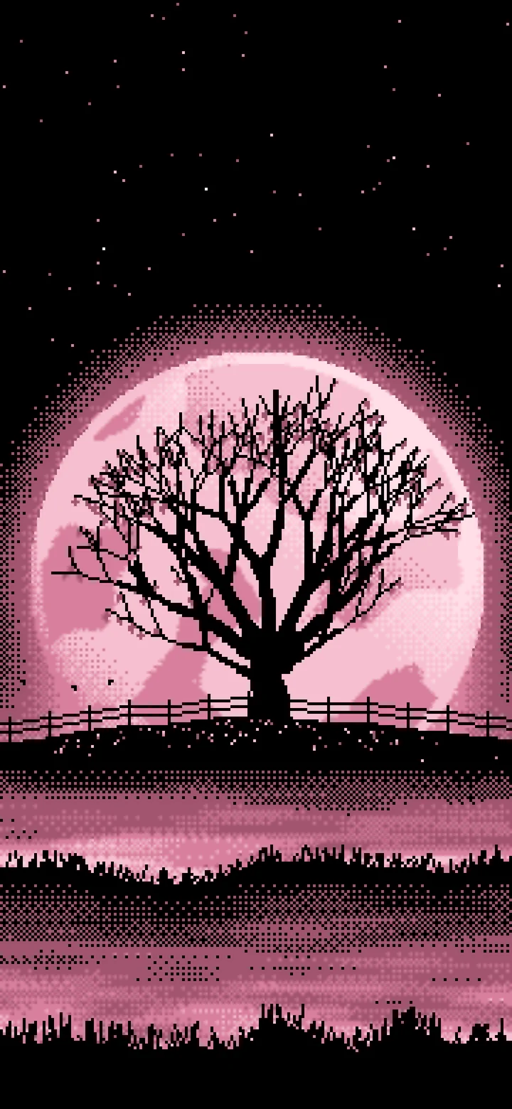 Light Pink Pixel Art Maple Tree and Harvest Moon wallpaper for iPhone and Android