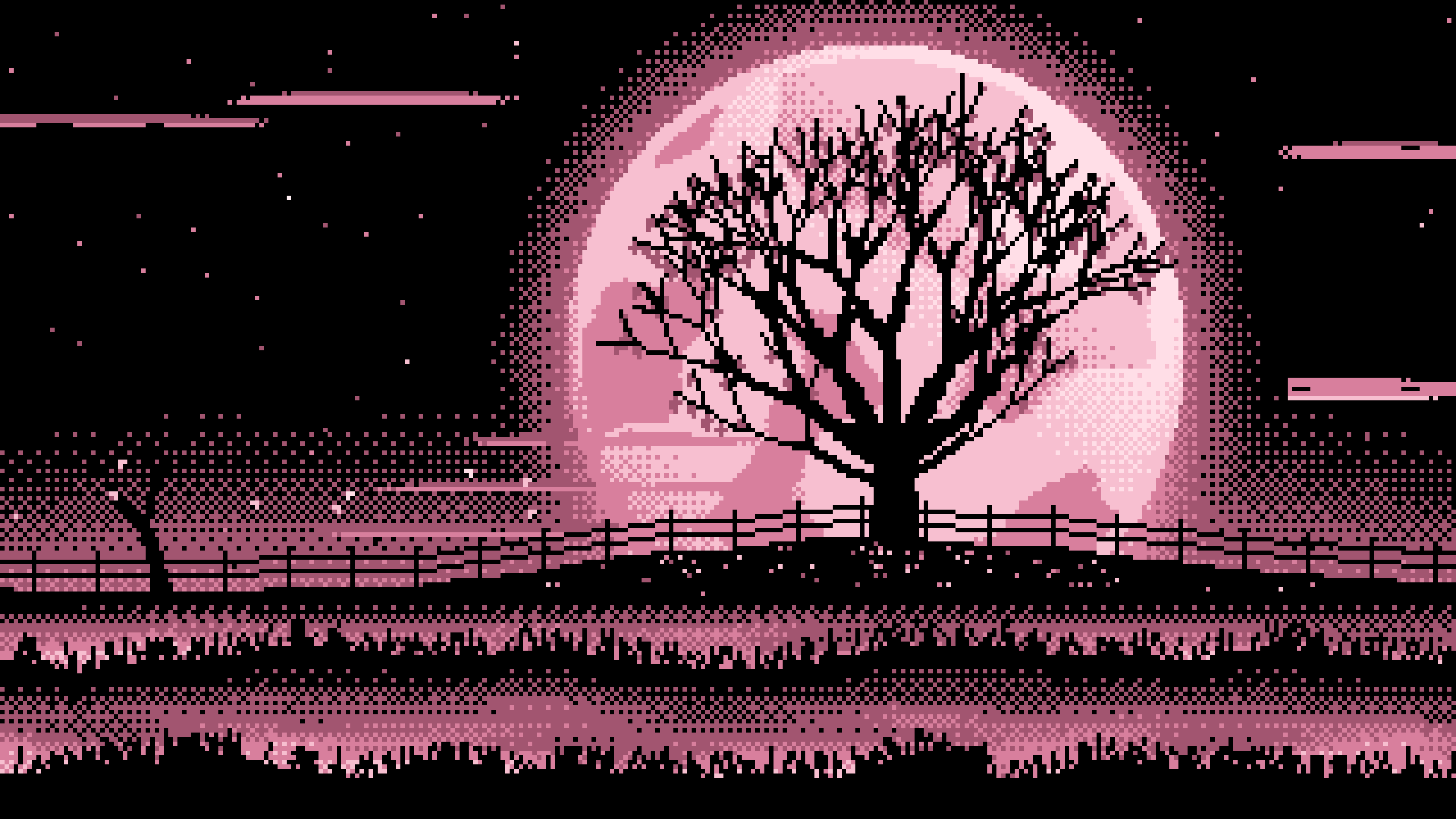 Light Pink Pixel Art Maple Tree and Harvest Moon desktop wallpaper in 4K