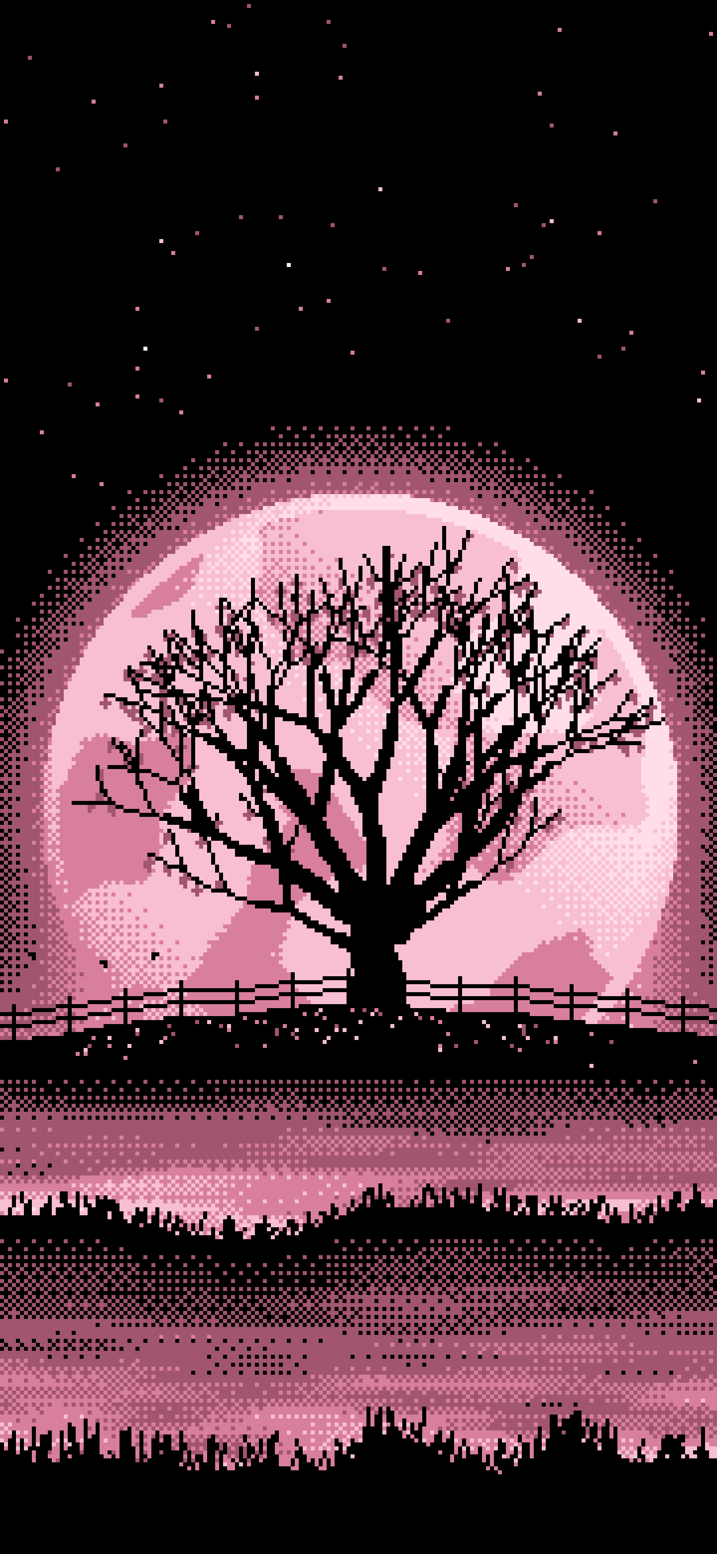Light Pink Pixel Art Maple Tree and Harvest Moon wallpaper for iPhone and Android