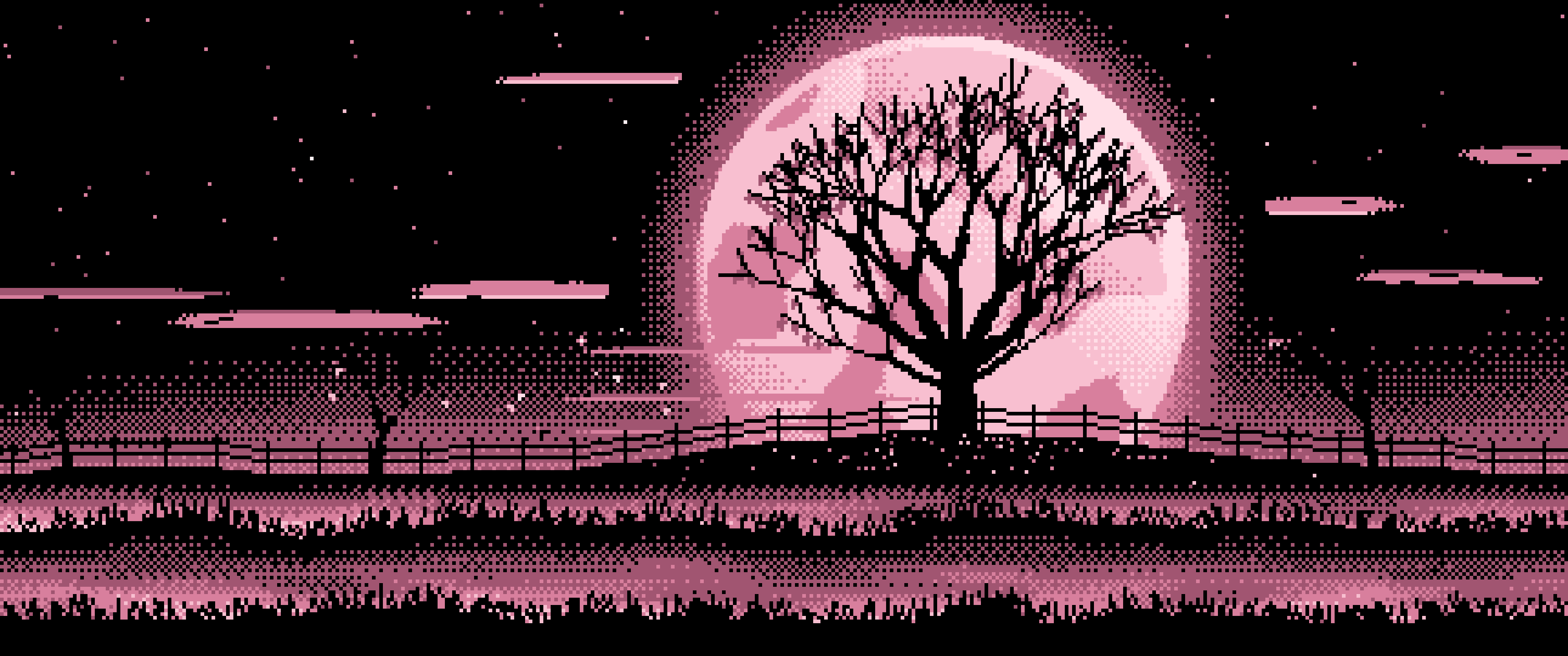 Light Pink Pixel Art Maple Tree and Harvest Moon ultrawide wallpaper, 3440 × 1440