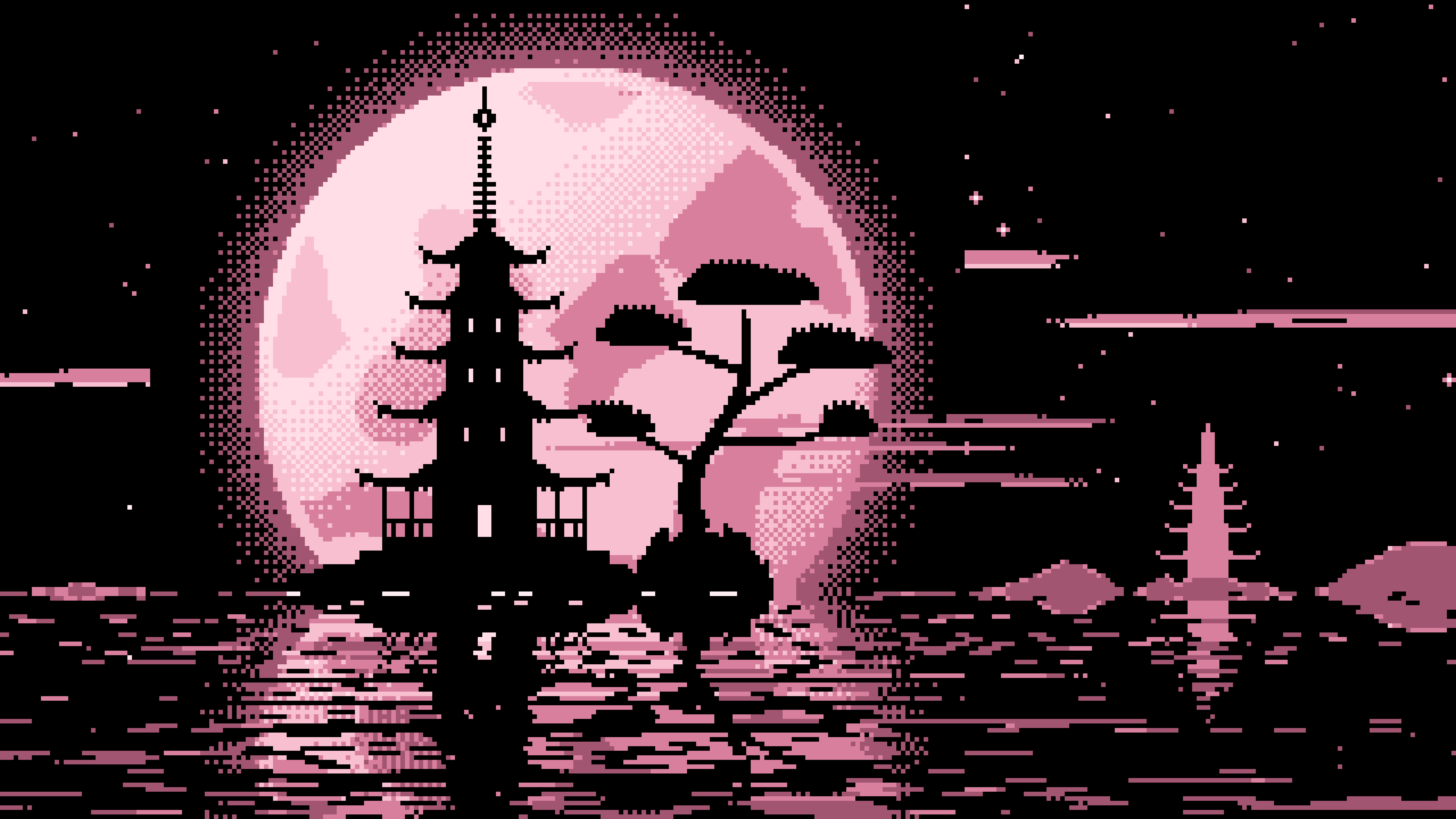 Light Pink Pixel Art Pagoda and Full Moon desktop wallpaper in 4K