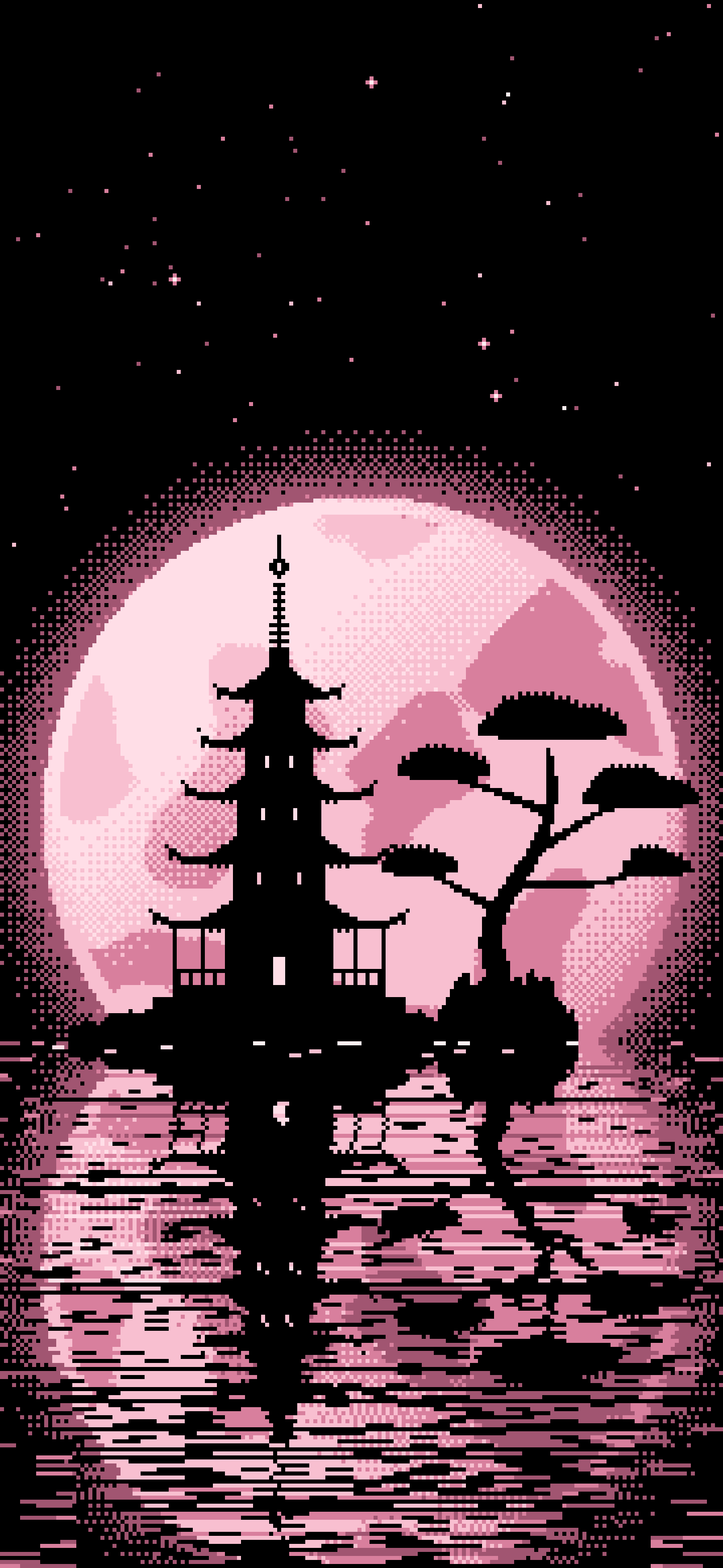 Light Pink Pixel Art Pagoda and Full Moon wallpaper for iPhone and Android
