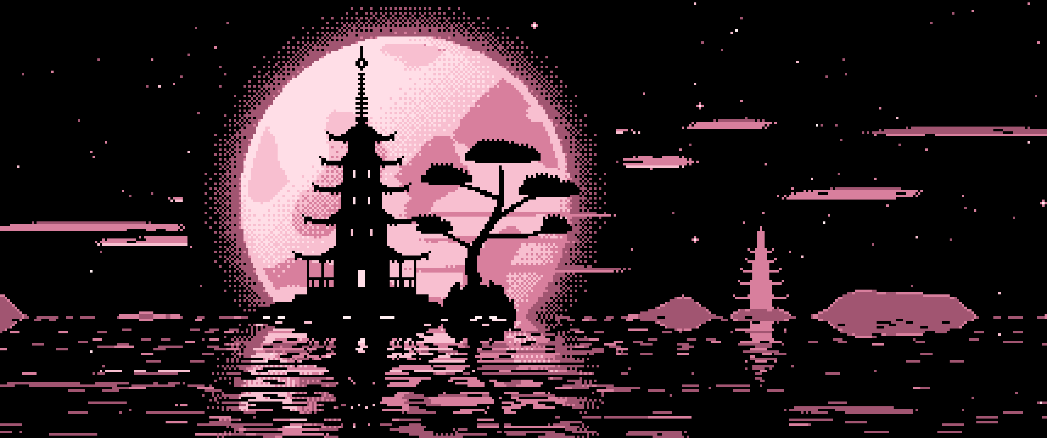 Light Pink Pixel Art Pagoda and Full Moon ultrawide wallpaper, 3440 × 1440