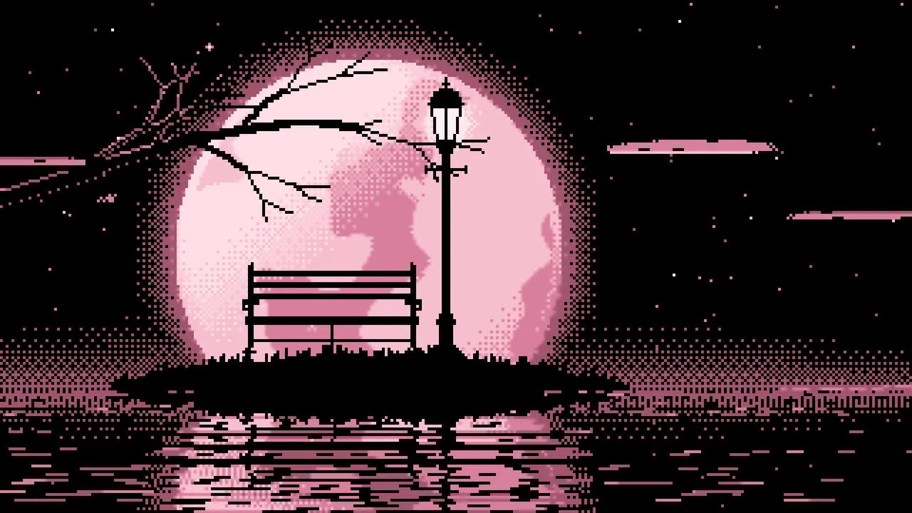 Light Pink Pixel Art Park Bench and Full Moon desktop wallpaper in 4K