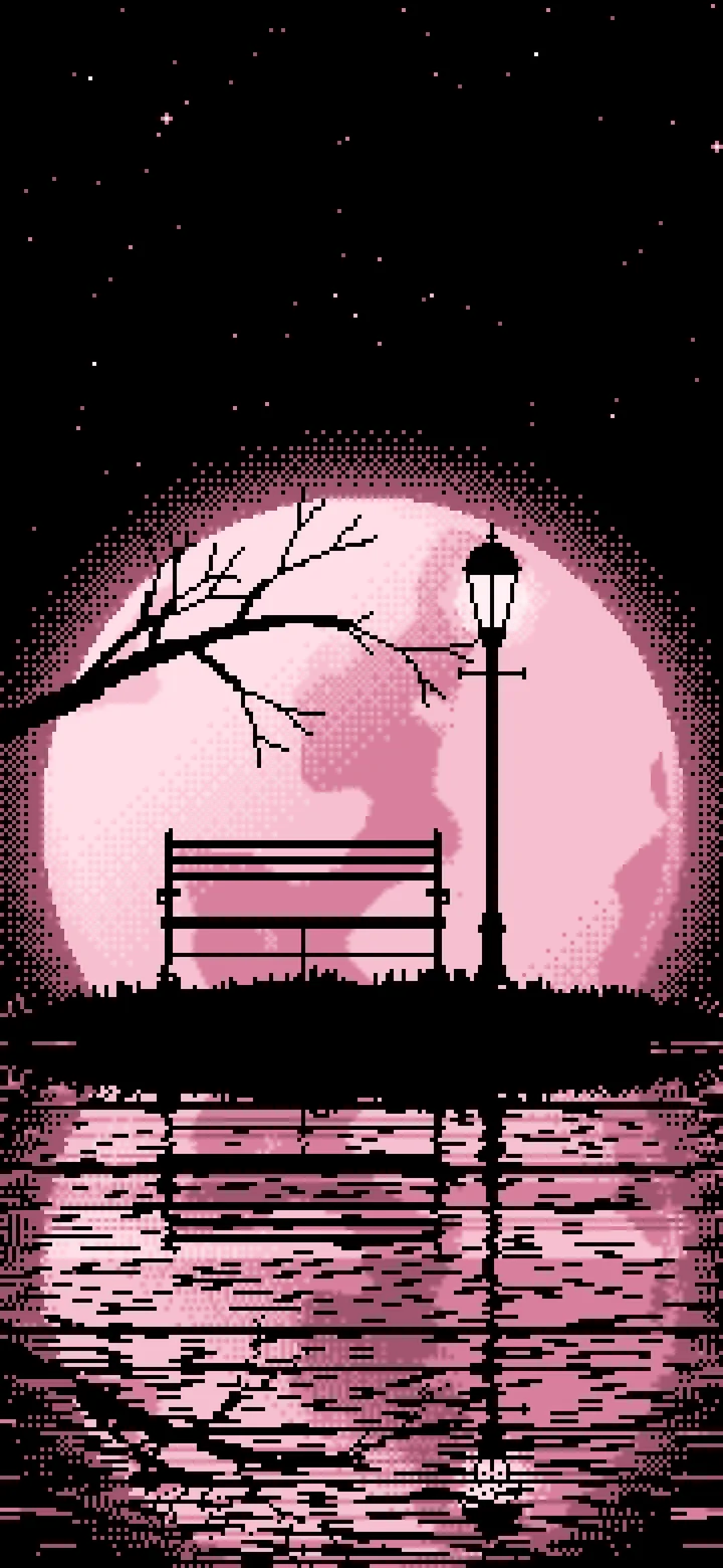 Light Pink Pixel Art Park Bench and Full Moon wallpaper for iPhone and Android