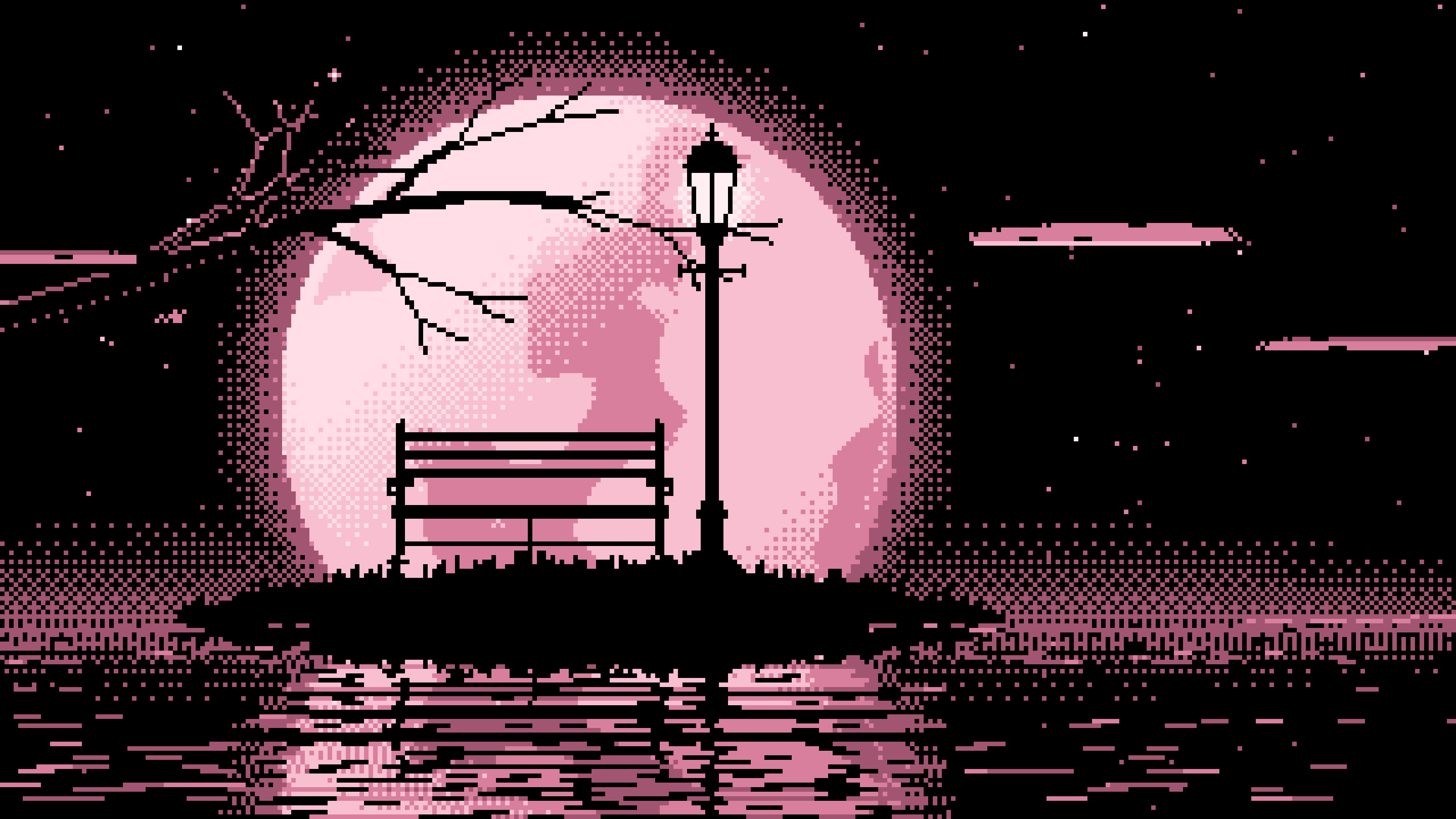 Light Pink Pixel Art Park Bench and Full Moon desktop wallpaper in 4K