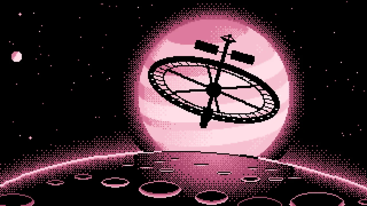 Light Pink Pixel Art Ring Space Station and Planet desktop wallpaper in 4K