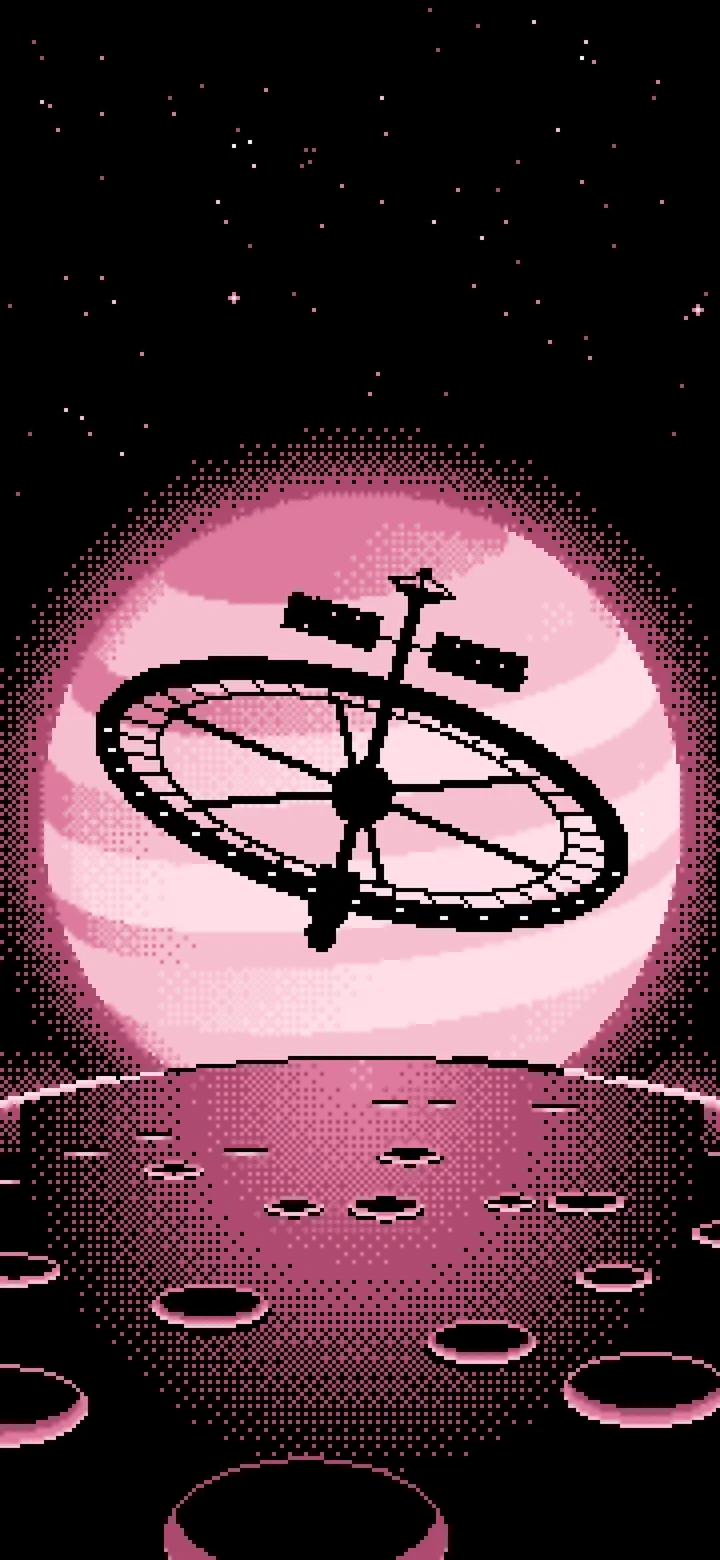 Light Pink Pixel Art Ring Space Station and Planet wallpaper for iPhone and Android