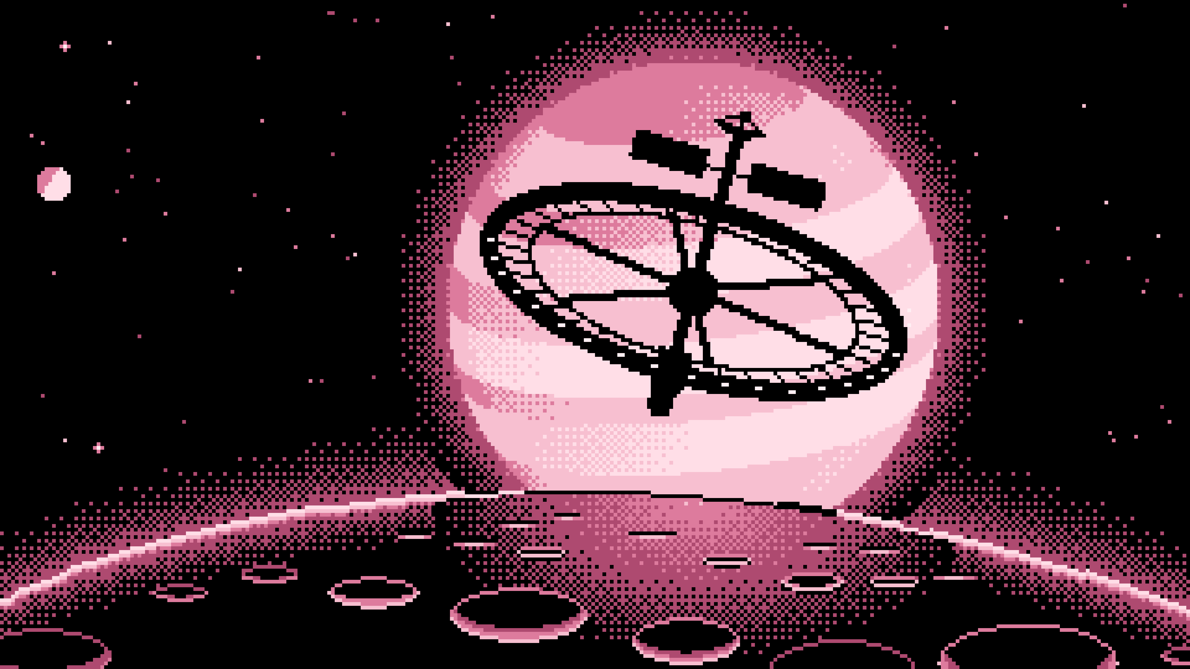 Light Pink Pixel Art Ring Space Station and Planet desktop wallpaper in 4K