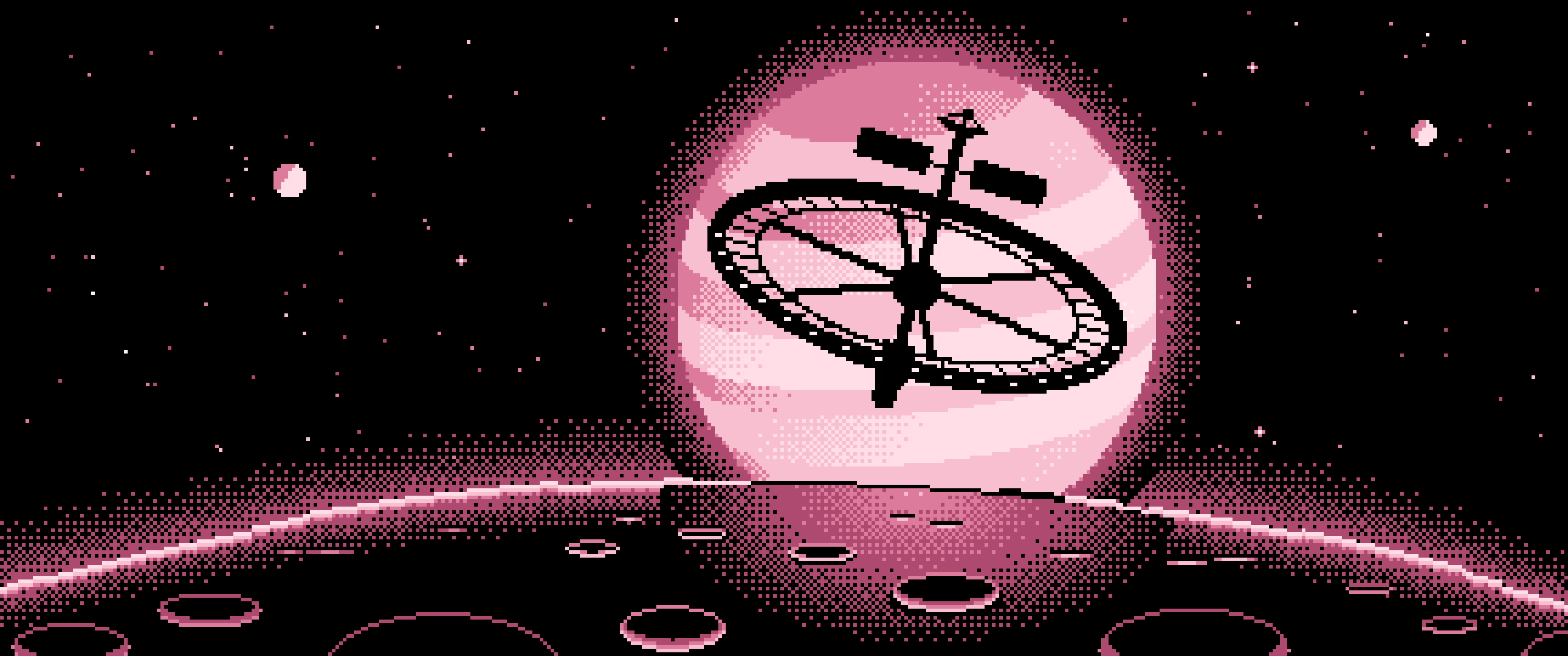 Light Pink Pixel Art Ring Space Station and Planet ultrawide wallpaper, 3440 × 1440