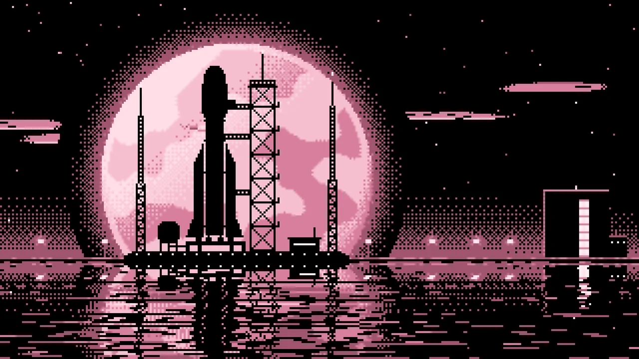 Light Pink Pixel Art Rocket and Full Moon desktop wallpaper in 4K