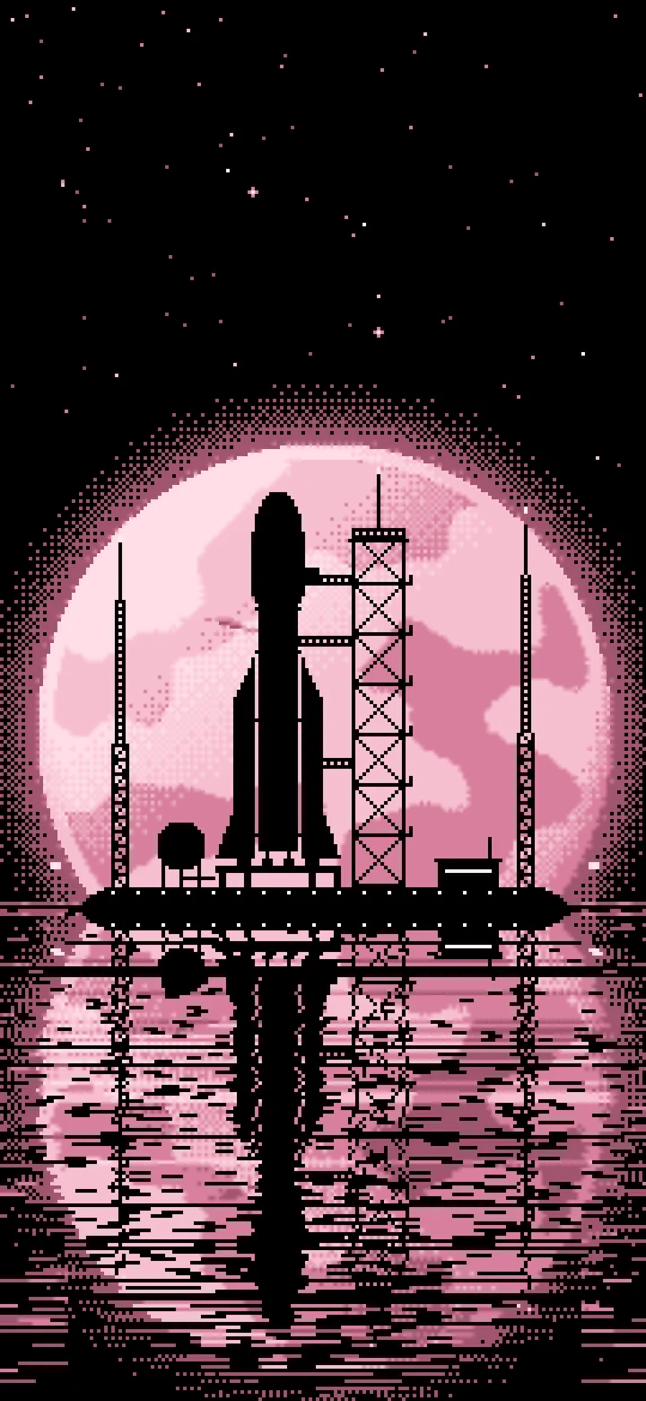 Light Pink Pixel Art Rocket and Full Moon wallpaper for iPhone and Android