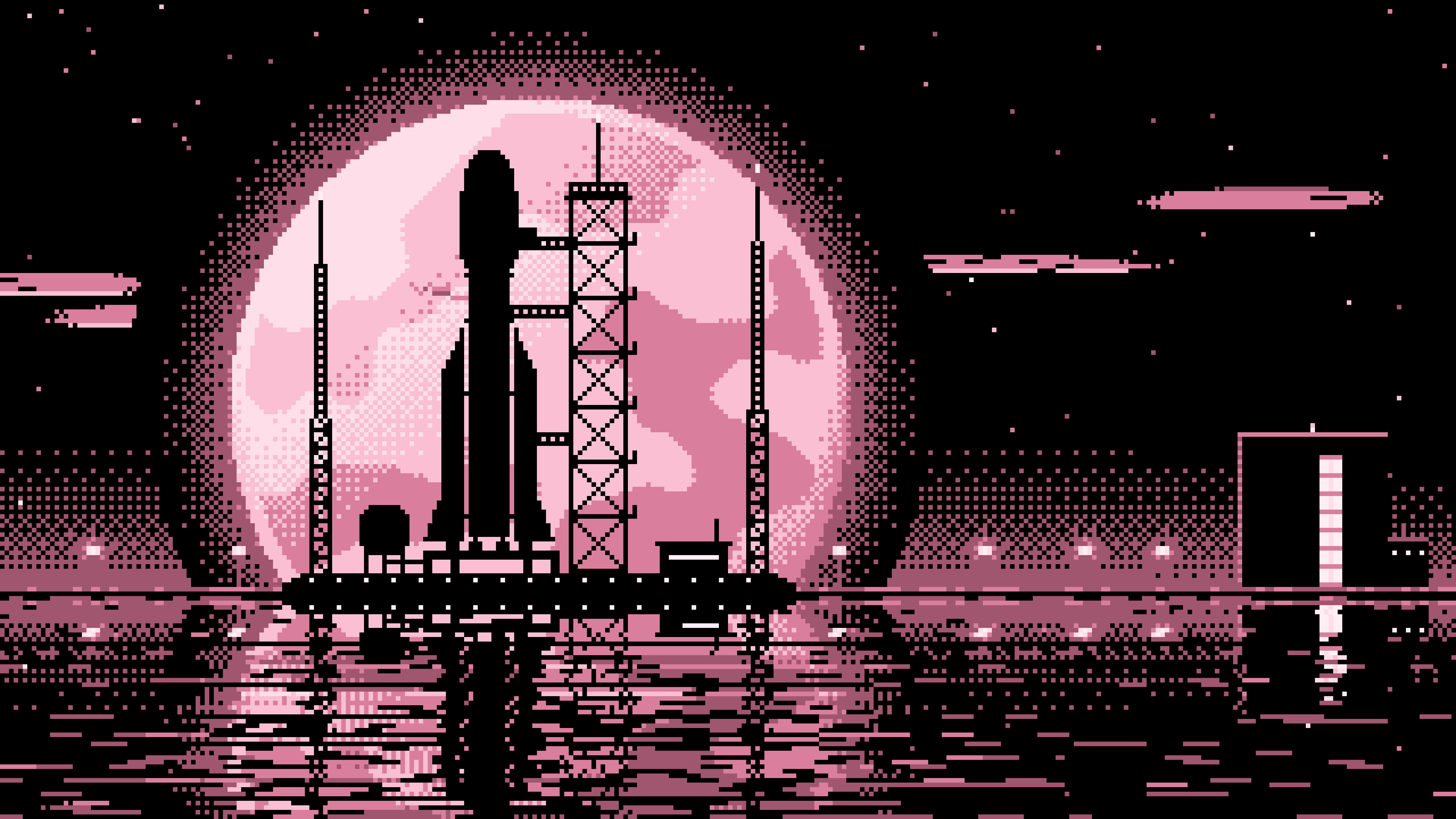 Light Pink Pixel Art Rocket and Full Moon desktop wallpaper in 4K