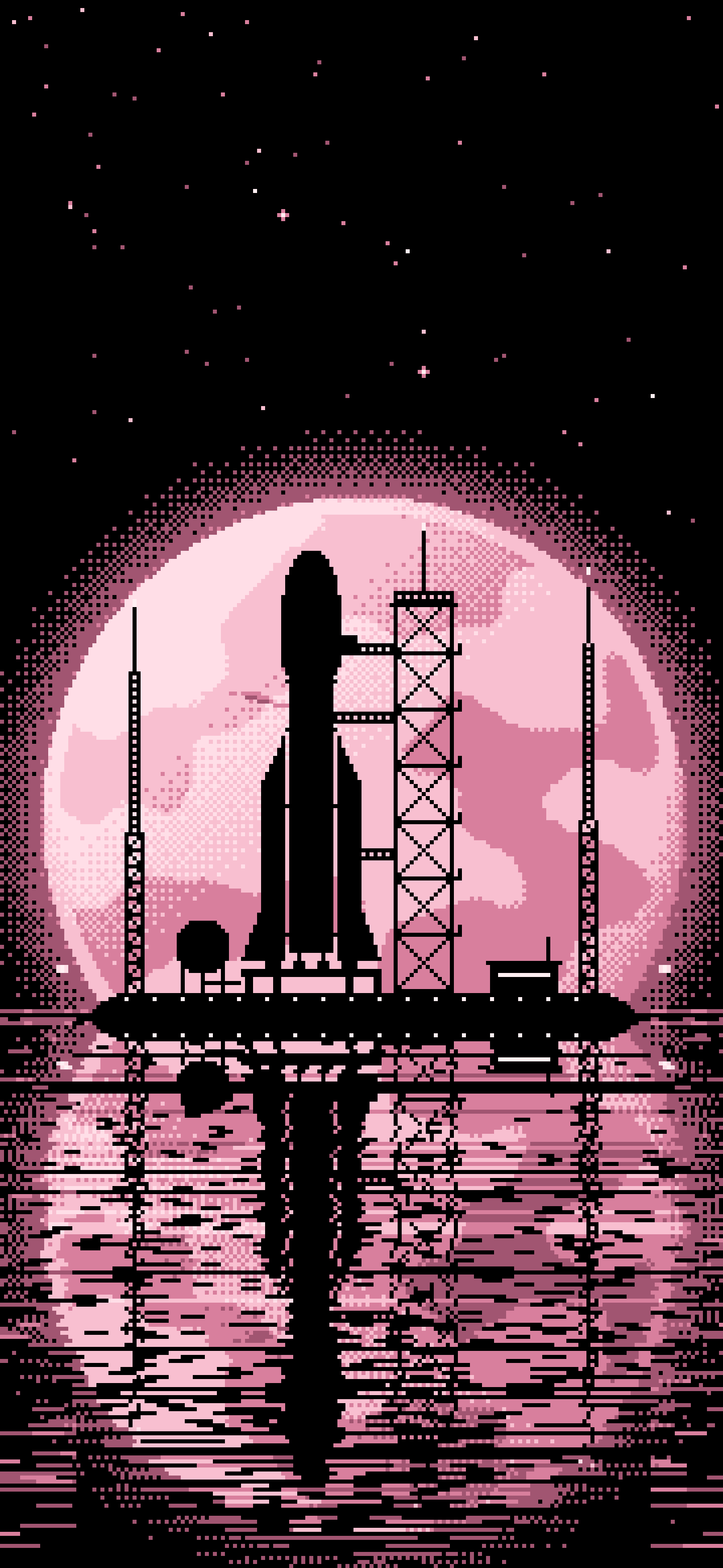 Light Pink Pixel Art Rocket and Full Moon wallpaper for iPhone and Android
