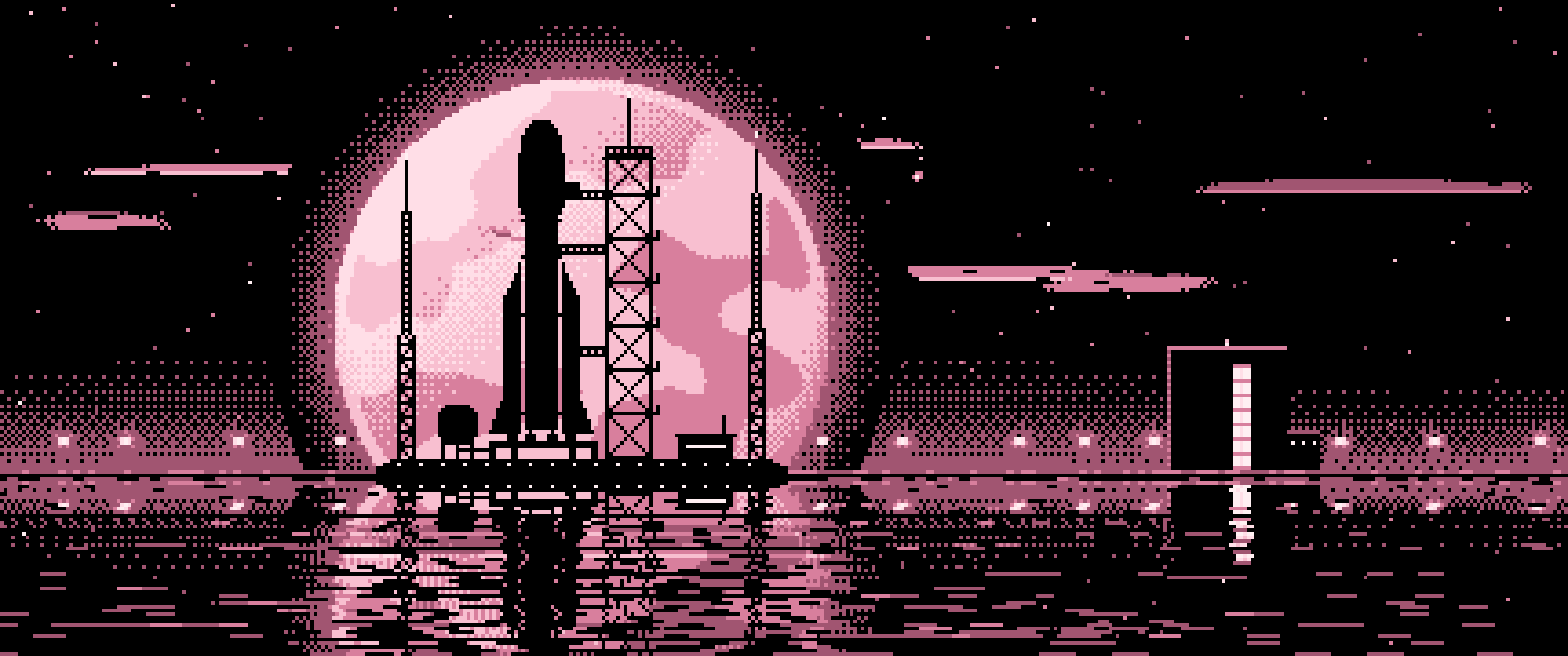Light Pink Pixel Art Rocket and Full Moon ultrawide wallpaper, 3440 × 1440