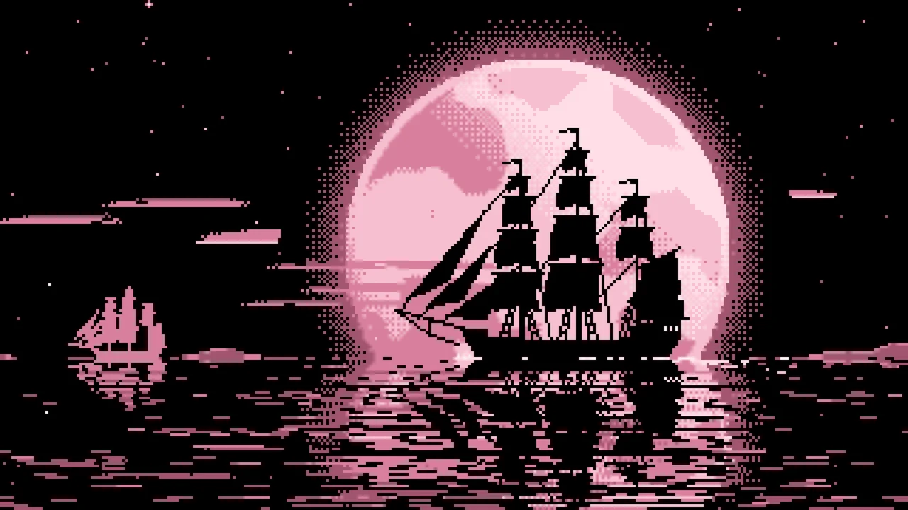Light Pink Pixel Art Sailing Ship and Full Moon desktop wallpaper in 4K