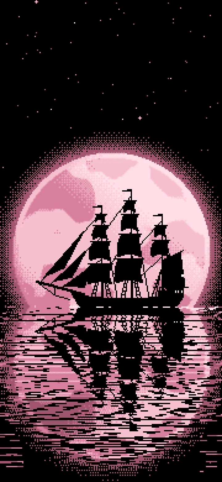 Light Pink Pixel Art Sailing Ship and Full Moon wallpaper for iPhone and Android