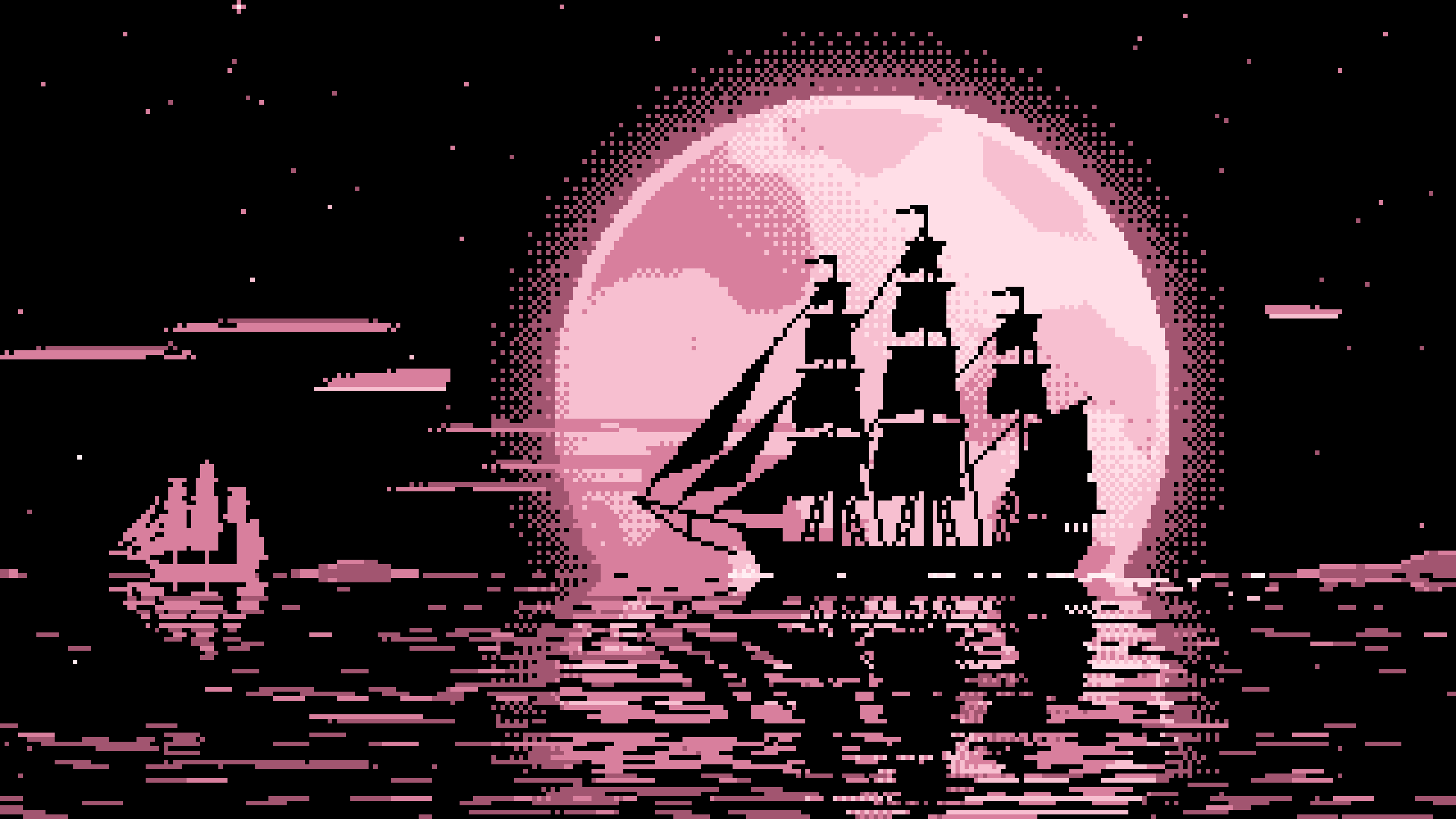 Light Pink Pixel Art Sailing Ship and Full Moon desktop wallpaper in 4K