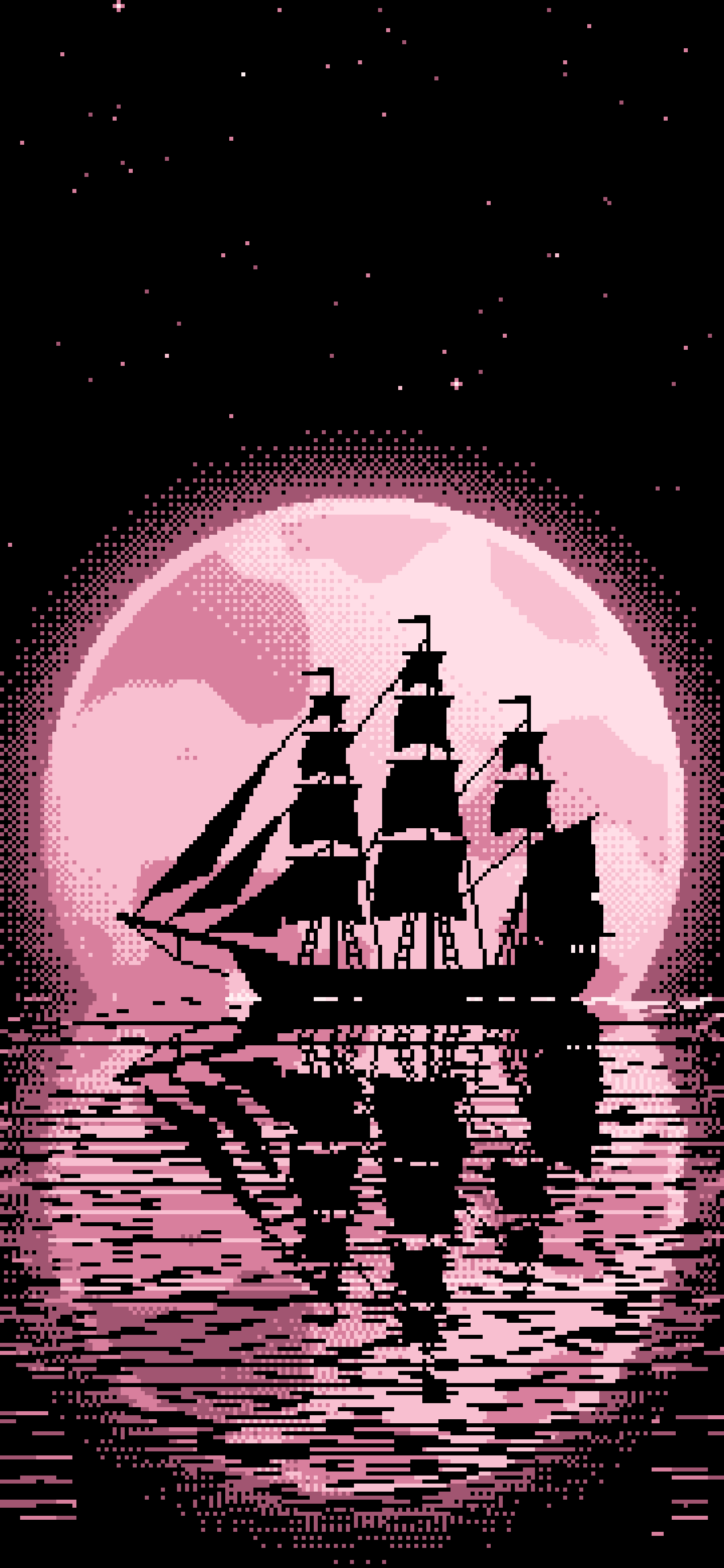 Light Pink Pixel Art Sailing Ship and Full Moon wallpaper for iPhone and Android