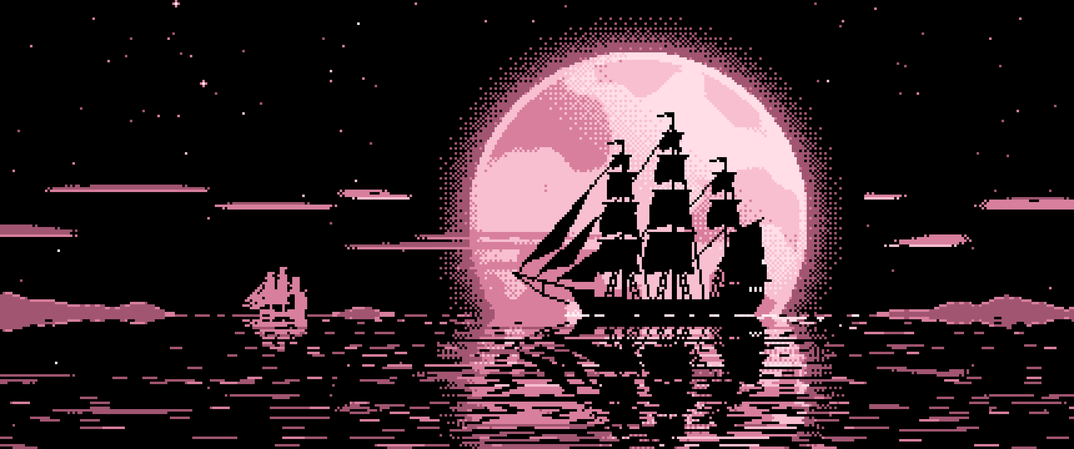 Light Pink Pixel Art Sailing Ship and Full Moon ultrawide wallpaper, 3440 × 1440