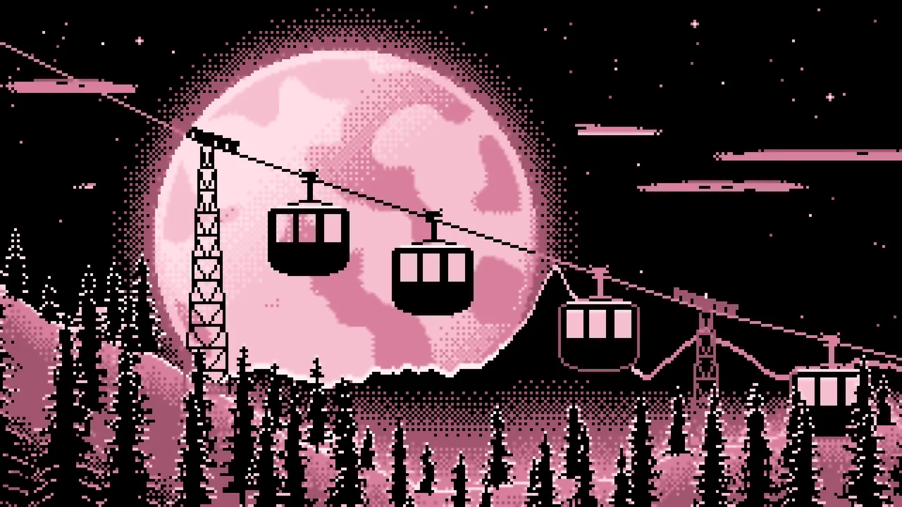 Light Pink Pixel Art Ski Gondola and Full Moon desktop wallpaper in 4K