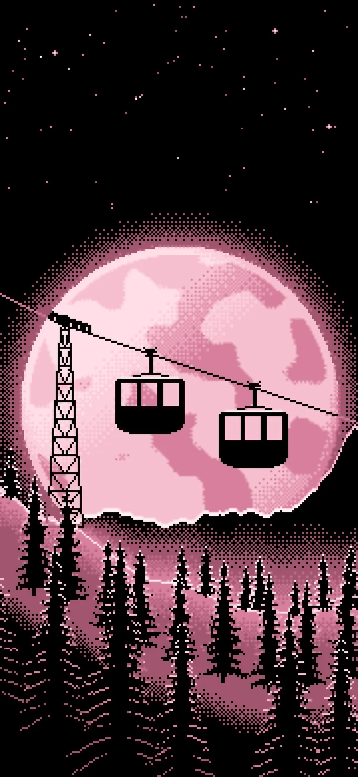 Light Pink Pixel Art Ski Gondola and Full Moon wallpaper for iPhone and Android