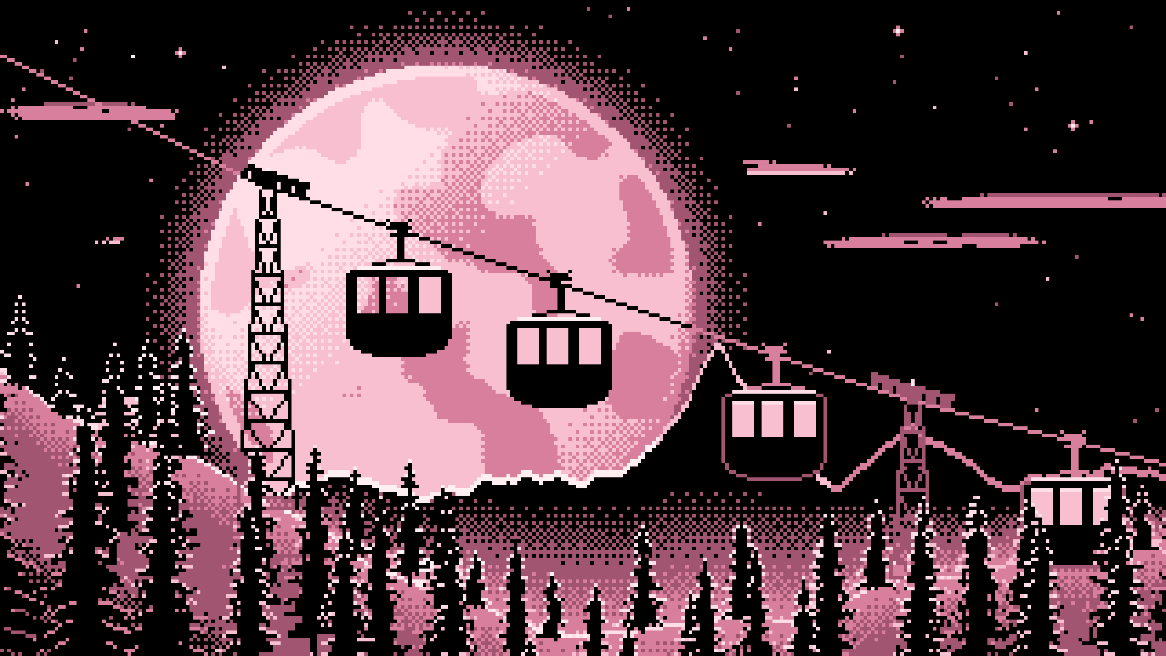 Light Pink Pixel Art Ski Gondola and Full Moon desktop wallpaper in 4K