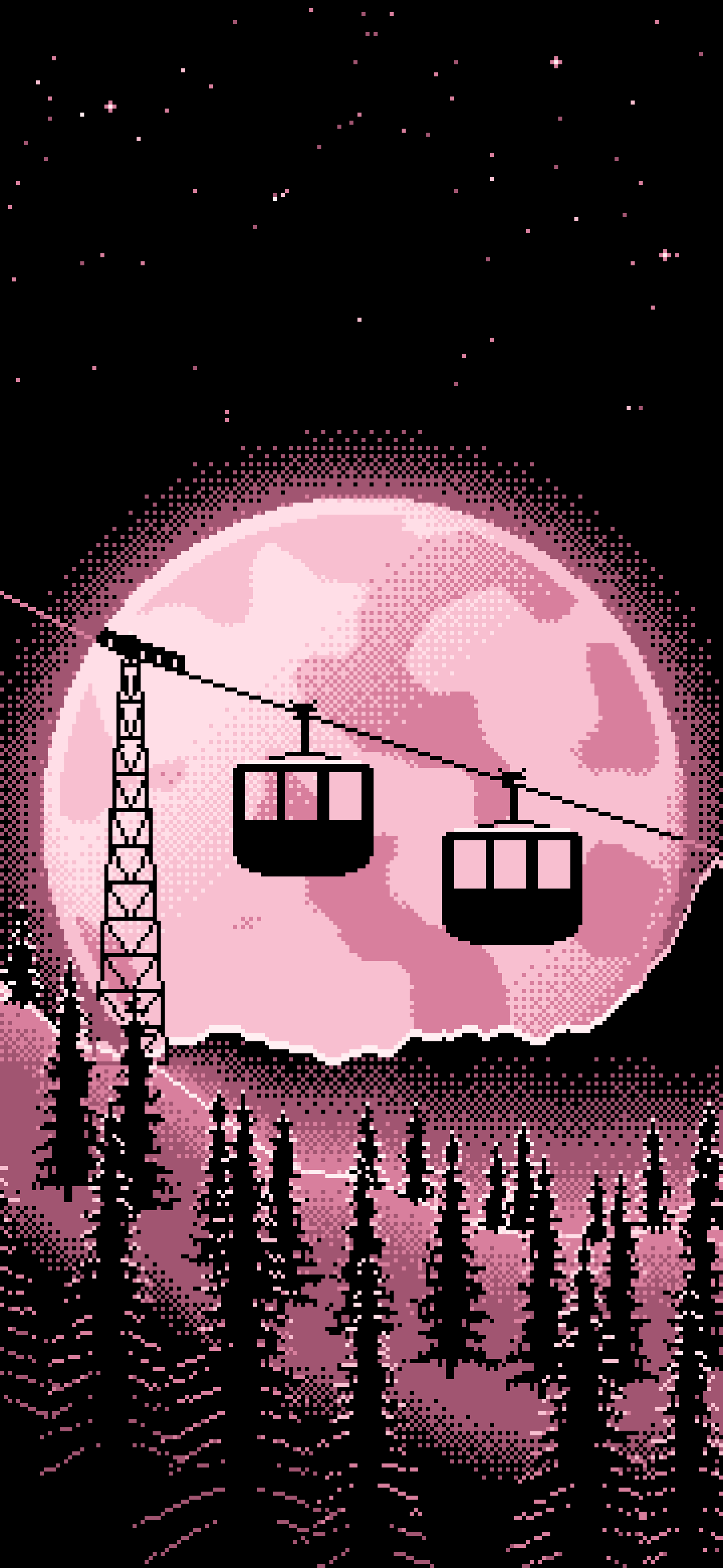 Light Pink Pixel Art Ski Gondola and Full Moon wallpaper for iPhone and Android