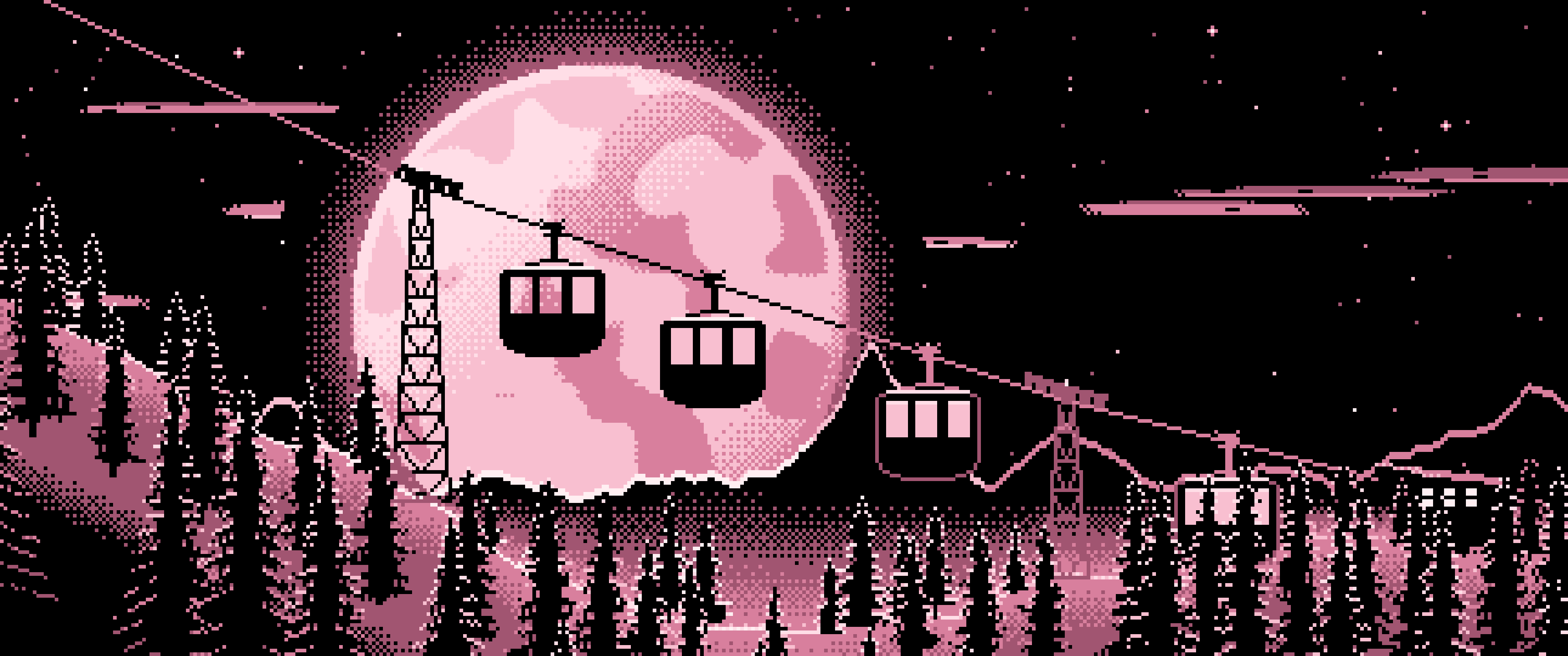 Light Pink Pixel Art Ski Gondola and Full Moon ultrawide wallpaper, 3440 × 1440