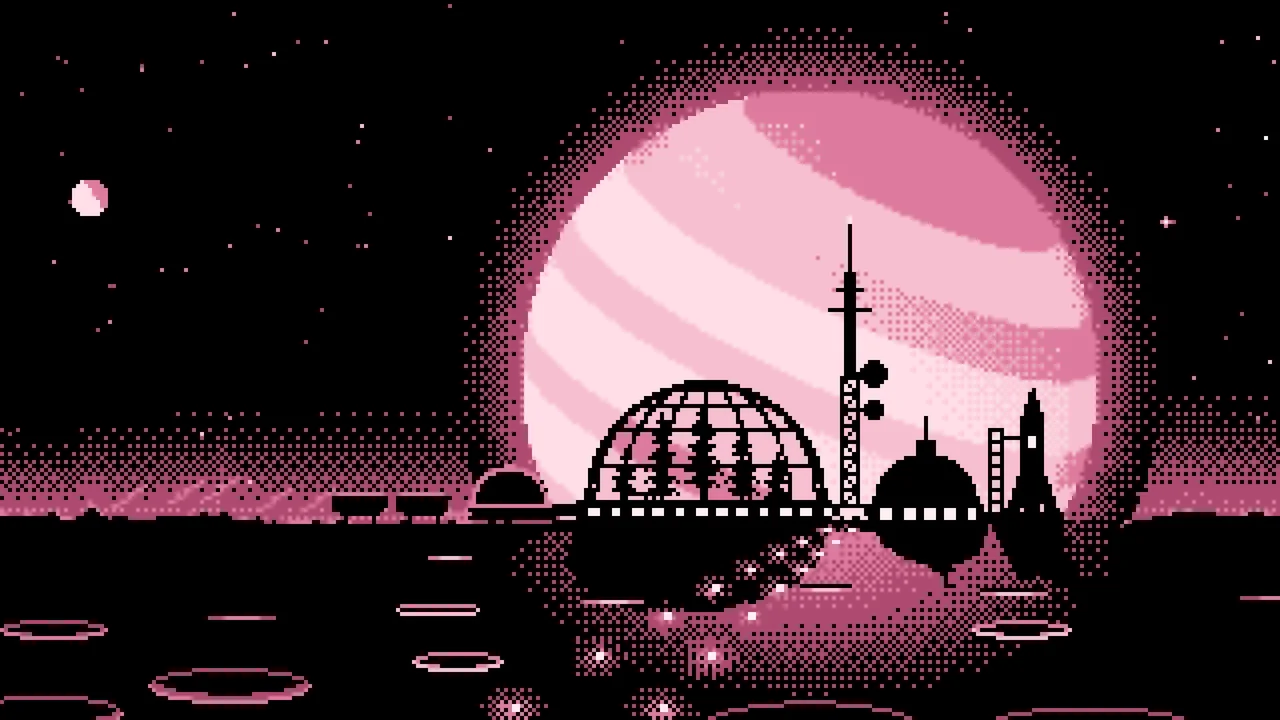 Light Pink Pixel Art Space Colony and Planet desktop wallpaper in 4K