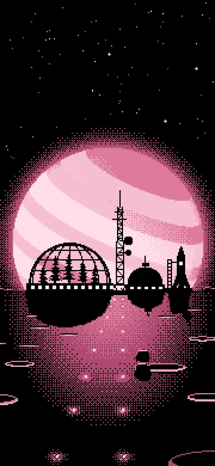 Light Pink Pixel Art Space Colony and Planet wallpaper for iPhone and Android