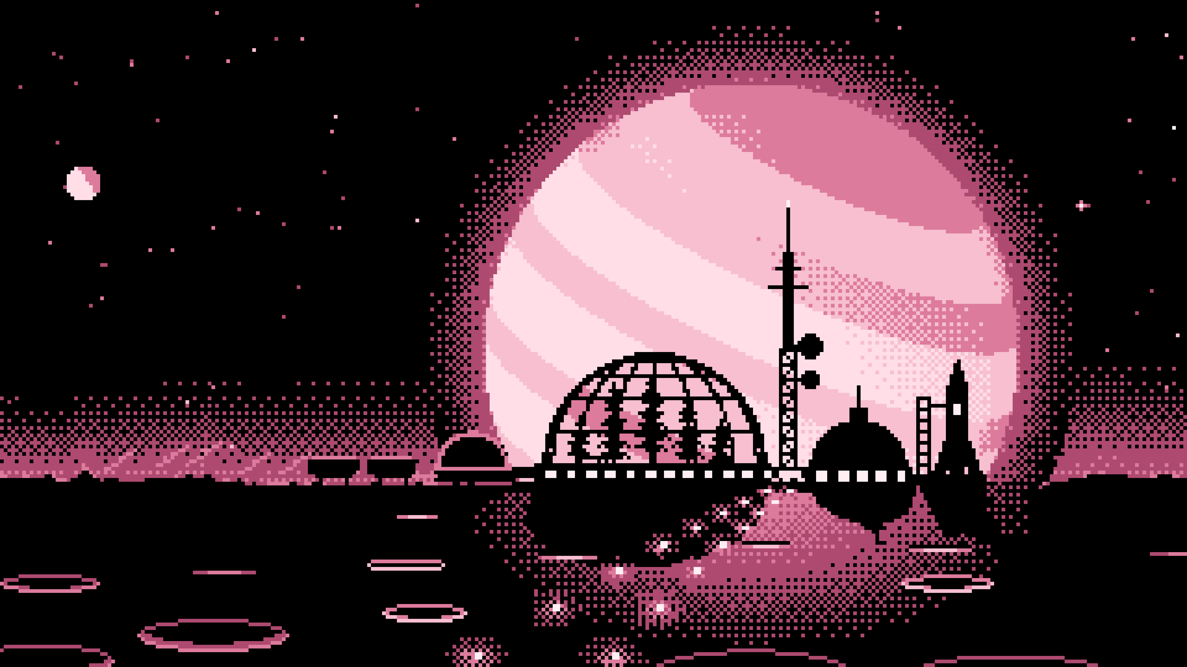 Light Pink Pixel Art Space Colony and Planet desktop wallpaper in 4K
