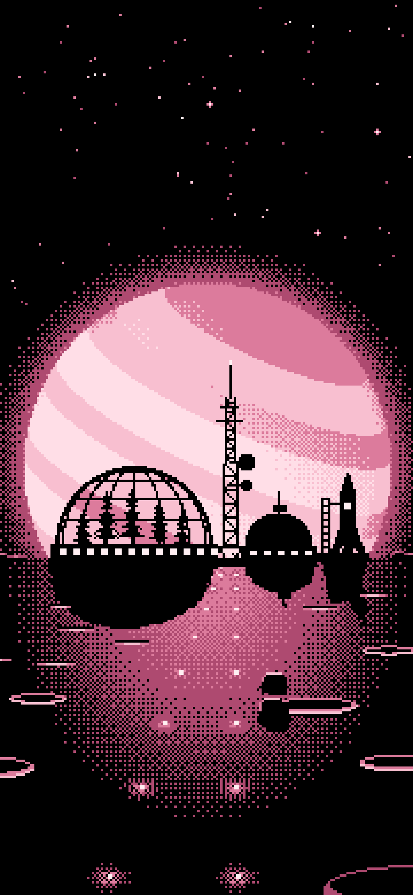 Light Pink Pixel Art Space Colony and Planet wallpaper for iPhone and Android