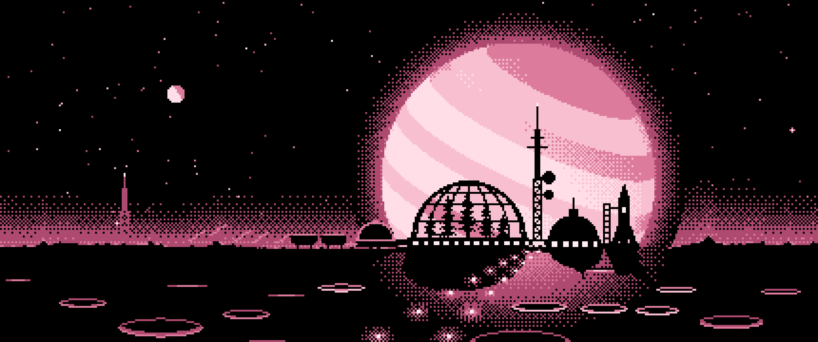 Light Pink Pixel Art Space Colony and Planet ultrawide wallpaper, 3440 × 1440