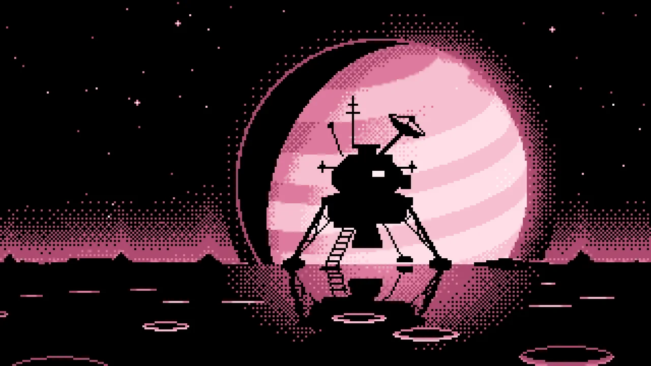 Light Pink Pixel Art Space Lander and Planet desktop wallpaper in 4K