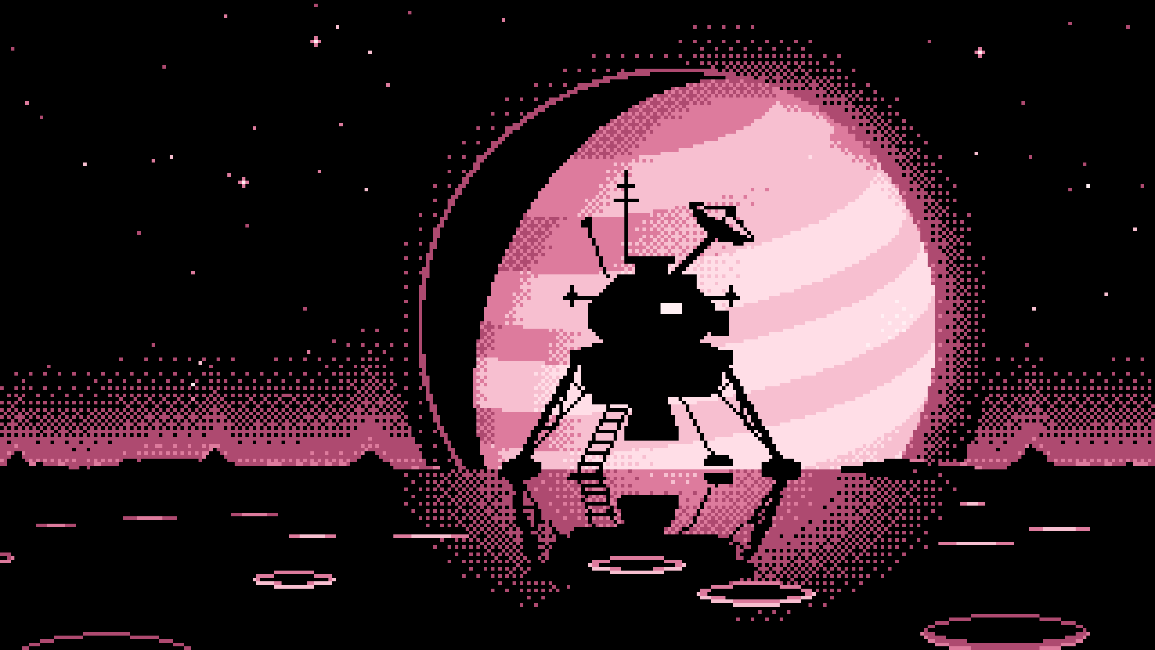 Light Pink Pixel Art Space Lander and Planet desktop wallpaper in 4K