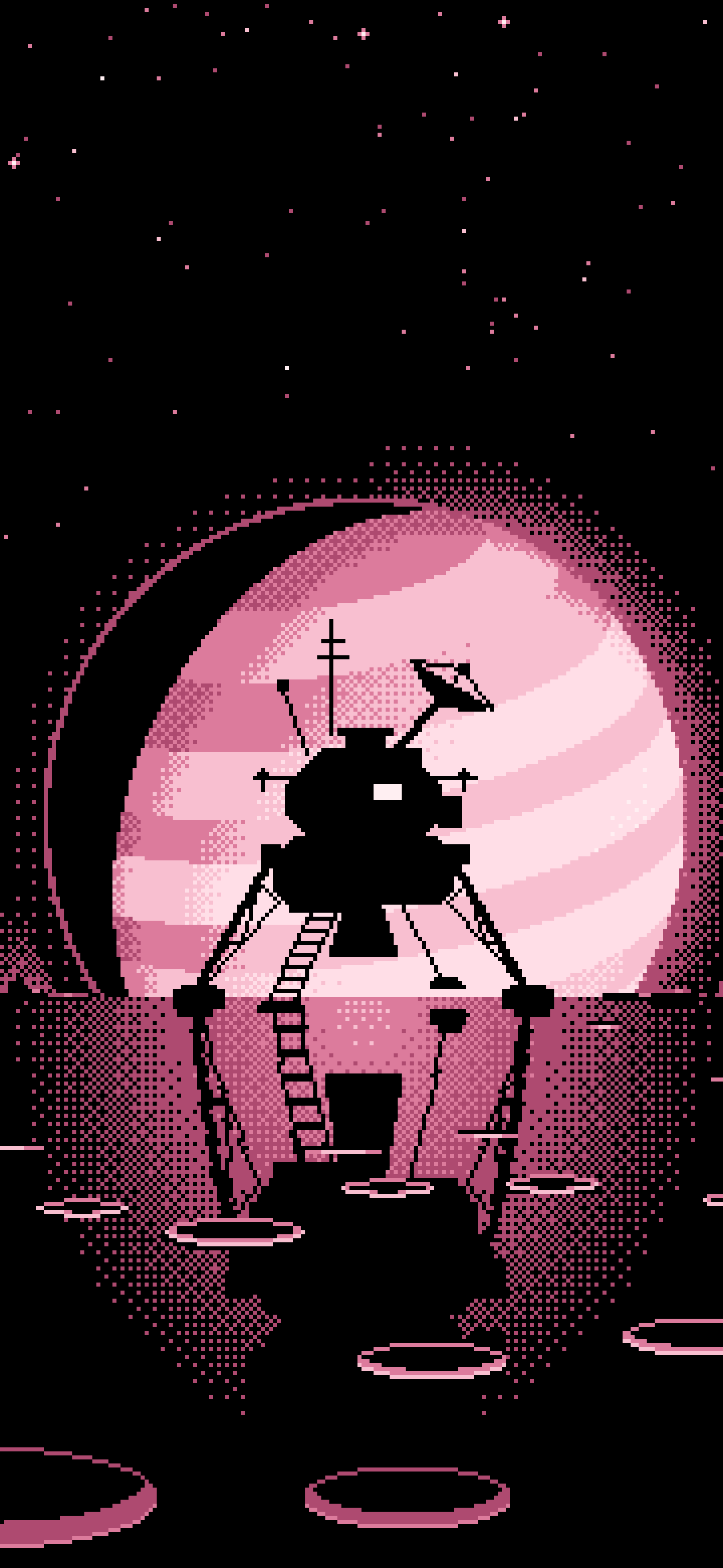 Light Pink Pixel Art Space Lander and Planet wallpaper for iPhone and Android