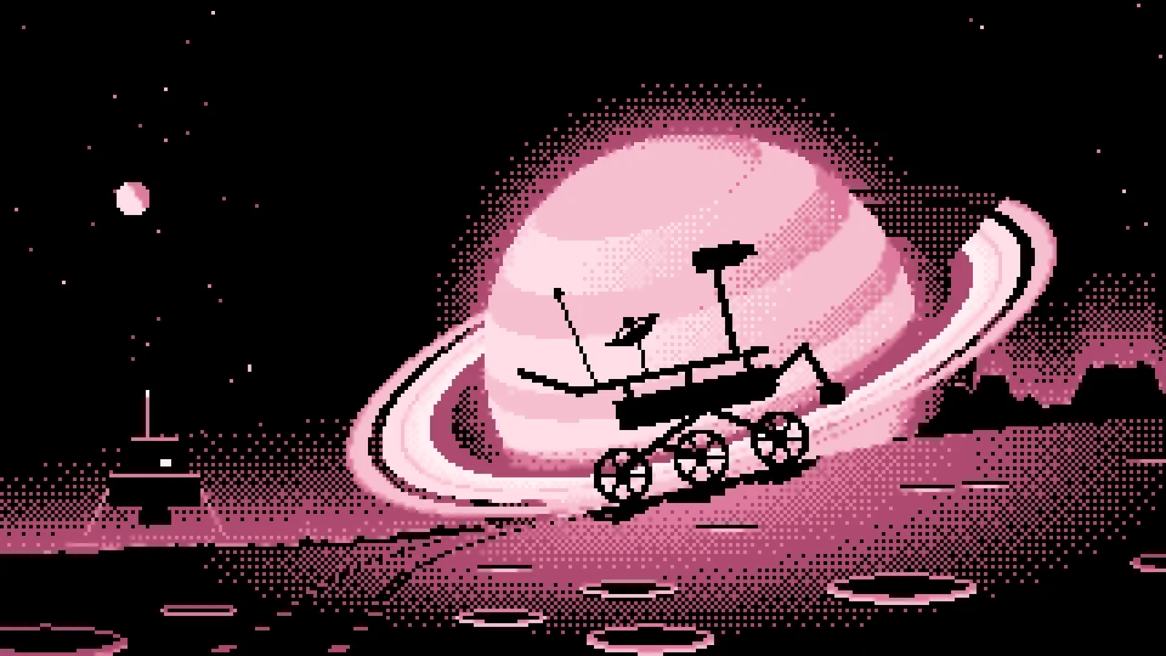 Light Pink Pixel Art Space Rover and Ringed Planet desktop wallpaper in 4K
