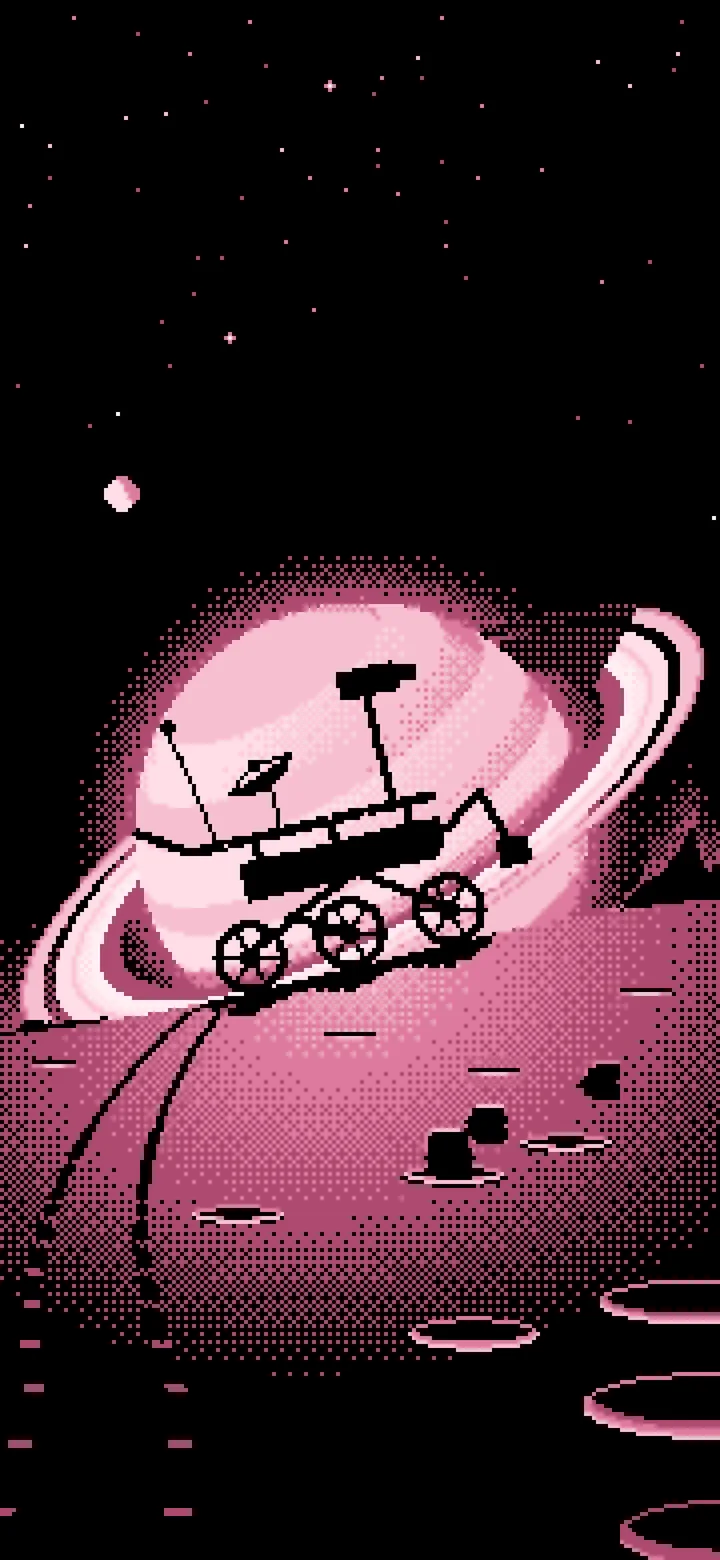 Light Pink Pixel Art Space Rover and Ringed Planet wallpaper for iPhone and Android