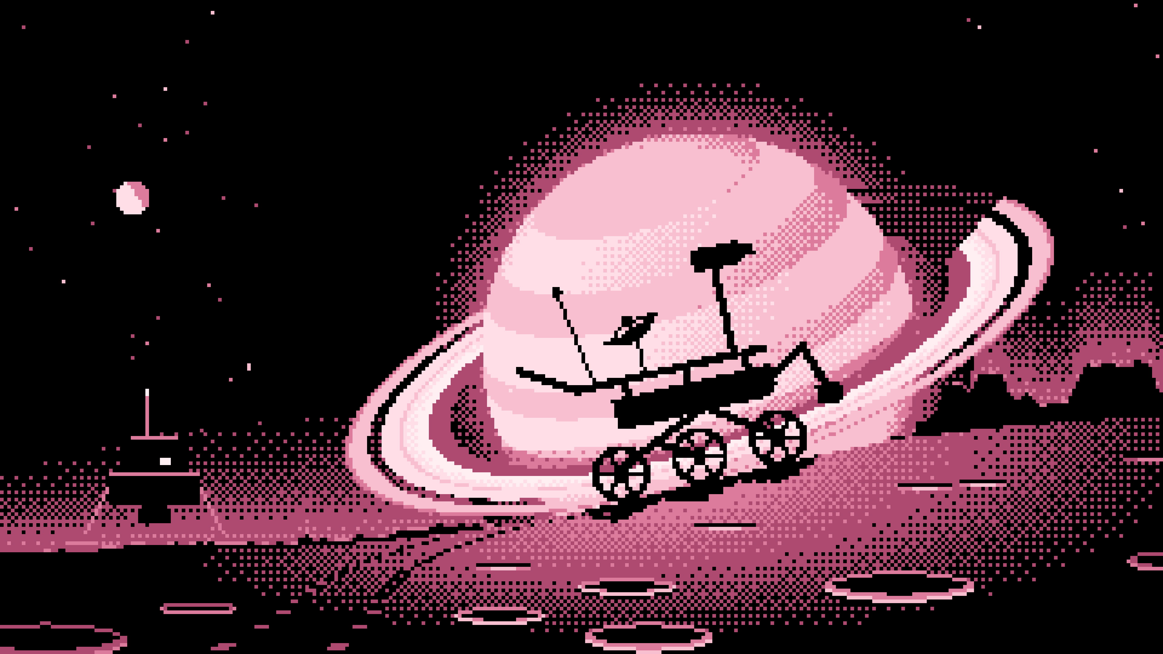 Light Pink Pixel Art Space Rover and Ringed Planet desktop wallpaper in 4K