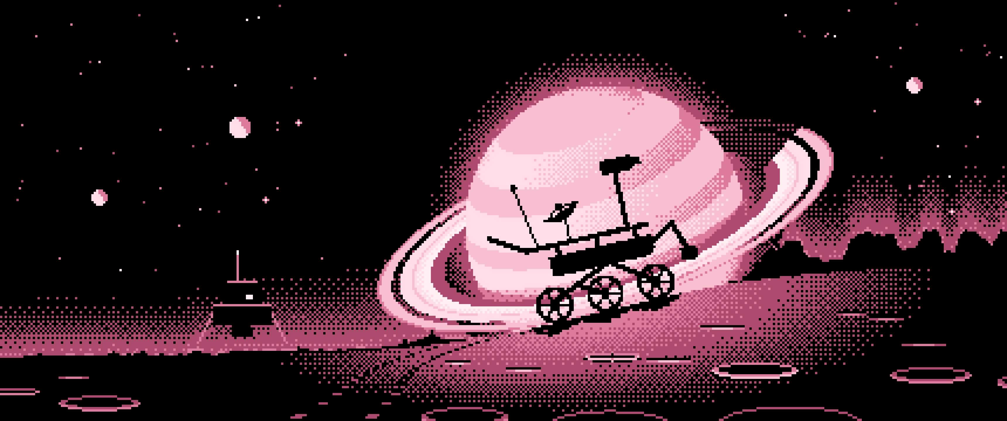 Light Pink Pixel Art Space Rover and Ringed Planet ultrawide wallpaper, 3440 × 1440