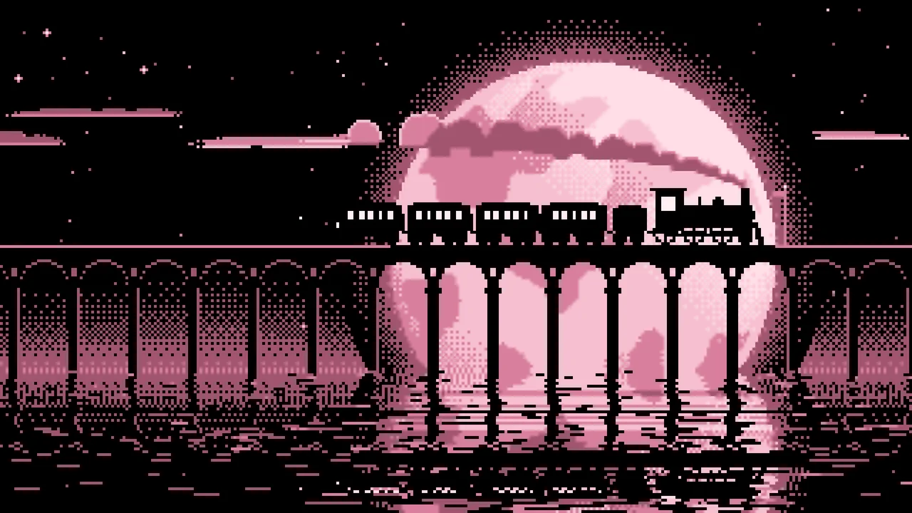 Light Pink Pixel Art Steam Train and Full Moon desktop wallpaper in 4K