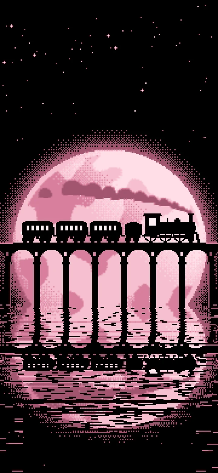 Light Pink Pixel Art Steam Train and Full Moon wallpaper for iPhone and Android