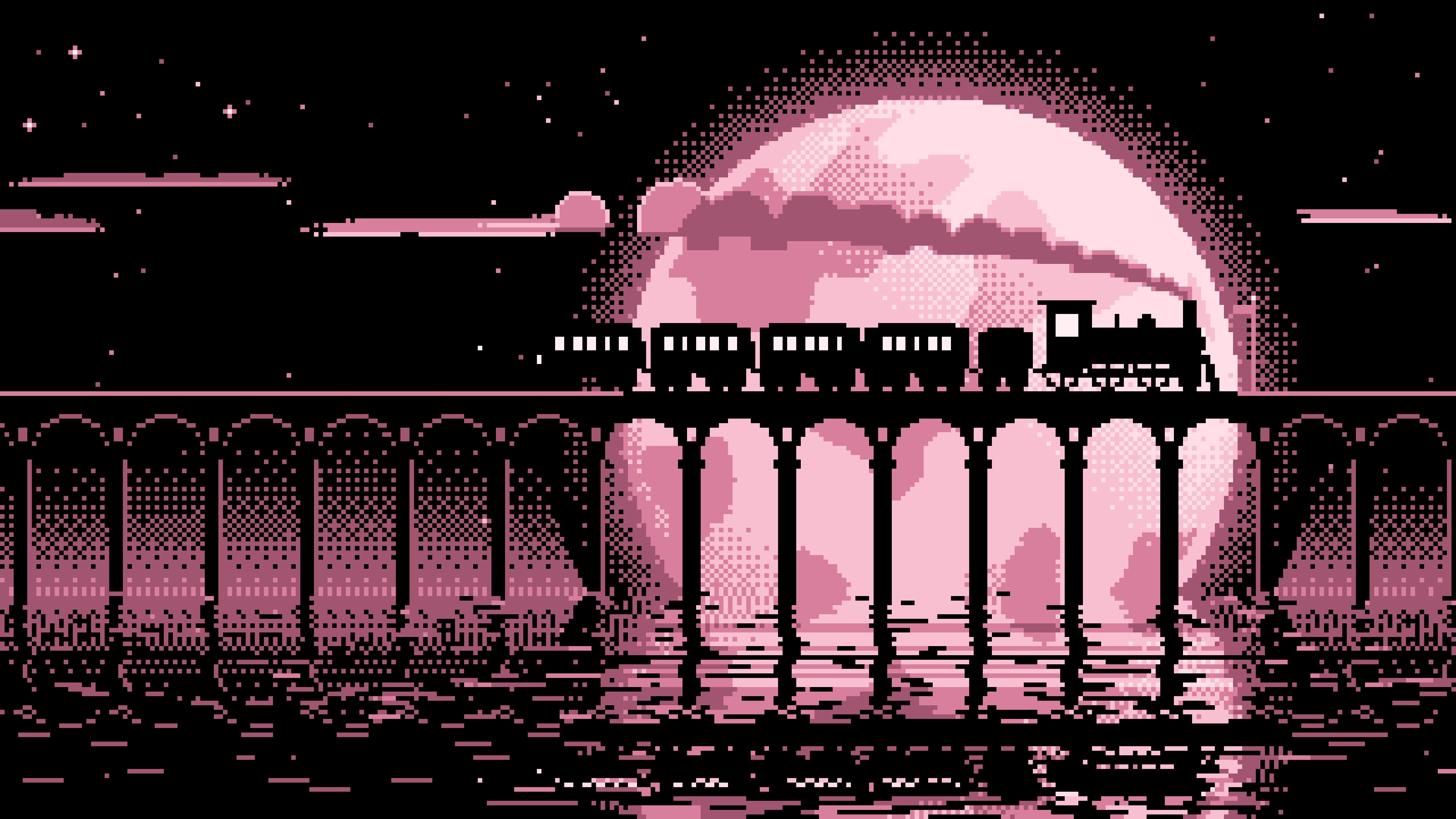 Light Pink Pixel Art Steam Train and Full Moon desktop wallpaper in 4K