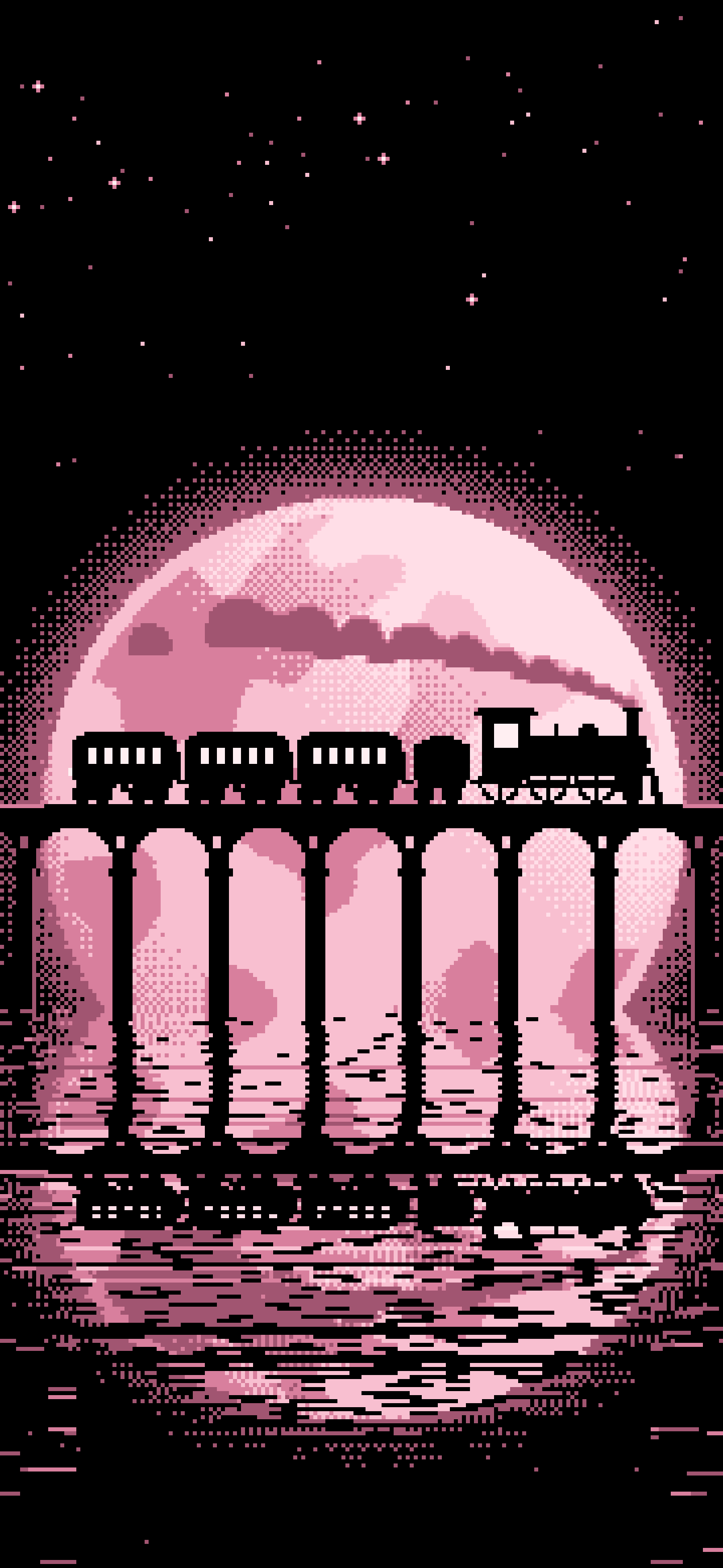 Light Pink Pixel Art Steam Train and Full Moon wallpaper for iPhone and Android